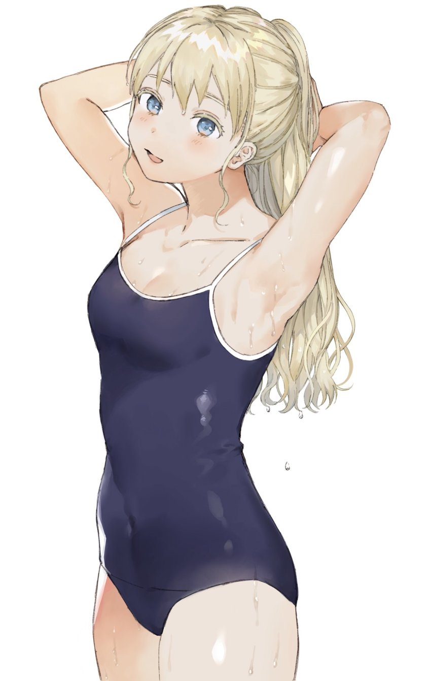 10s :d armpits asobi_asobase blonde_hair blue_swimsuit blush breasts covered_navel droplet female highres long_hair looking_up olivia_(asobi_asobase) one-piece_swimsuit open_mouth school_swimsuit small_breasts smile solo standing swimsuit very_long_hair wet white_background