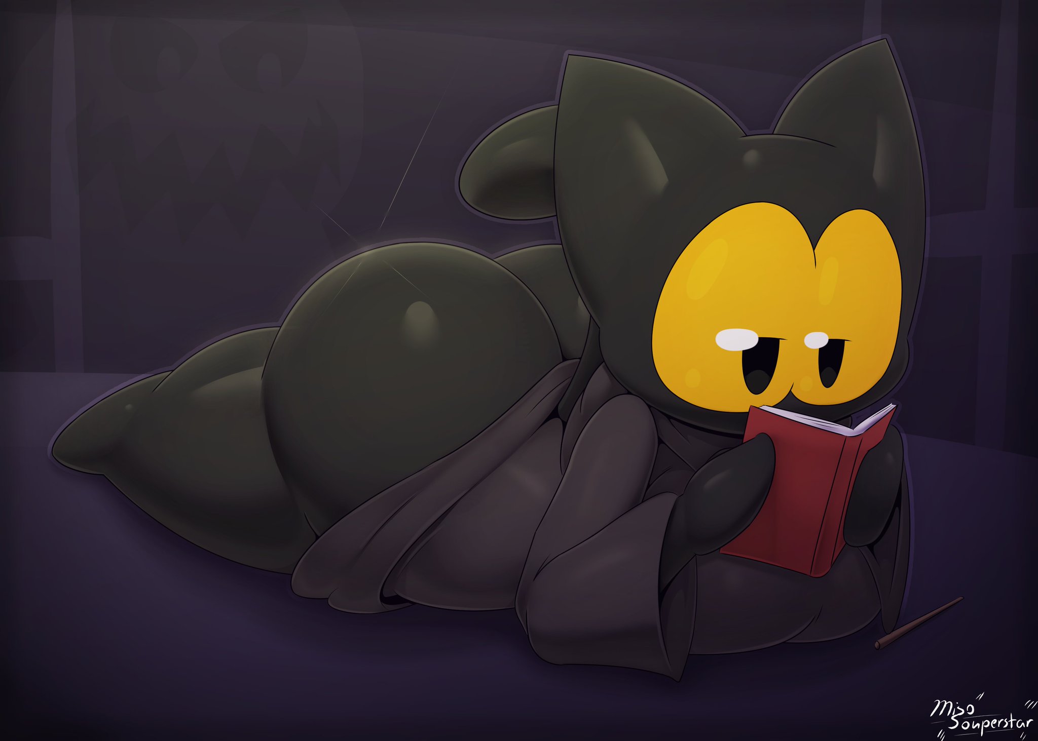1girls, ass, big ass, big breasts, big butt, black body, black skin, book, breasts, caked up, cat ears, cat tail, fat ass, fat butt, feline, female, female only, fur, furry, google, google doodle, huge ass, huge breasts, huge butt, lying down, magic cat academy, magic wand, miso souperstar, momo (google), naked, nub feet, nude, nude female, reading, solo, solo female, yellow eyes, young