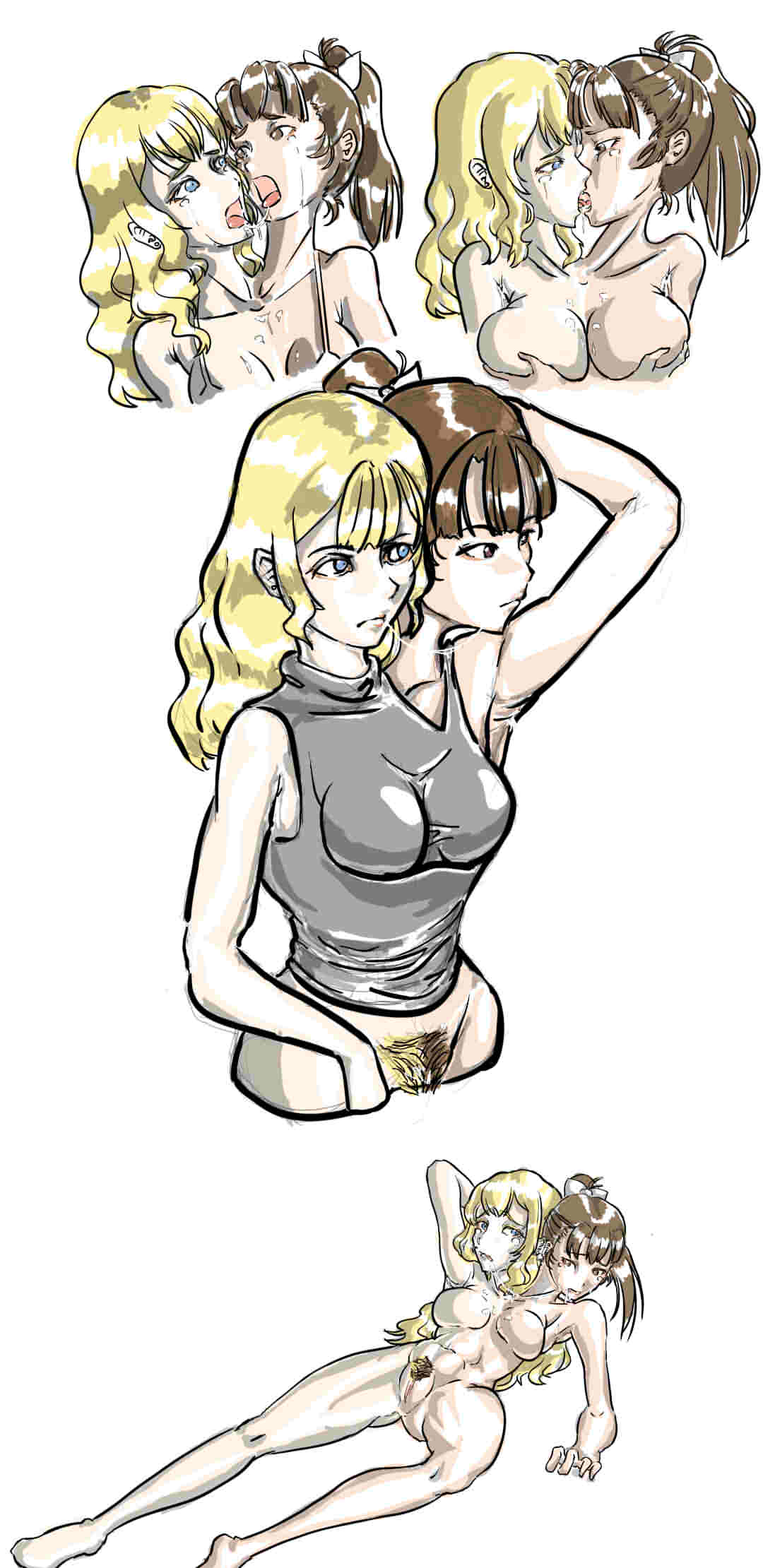 2girls artist_request blonde_hair brown_hair clothed conjoined conjoined_kiss gray_clothing hand_behind_head multiple_girls naked nude_female ponytail pose posing saliva saliva_trail tank_top two_tone_pubic_hair white_background yuri