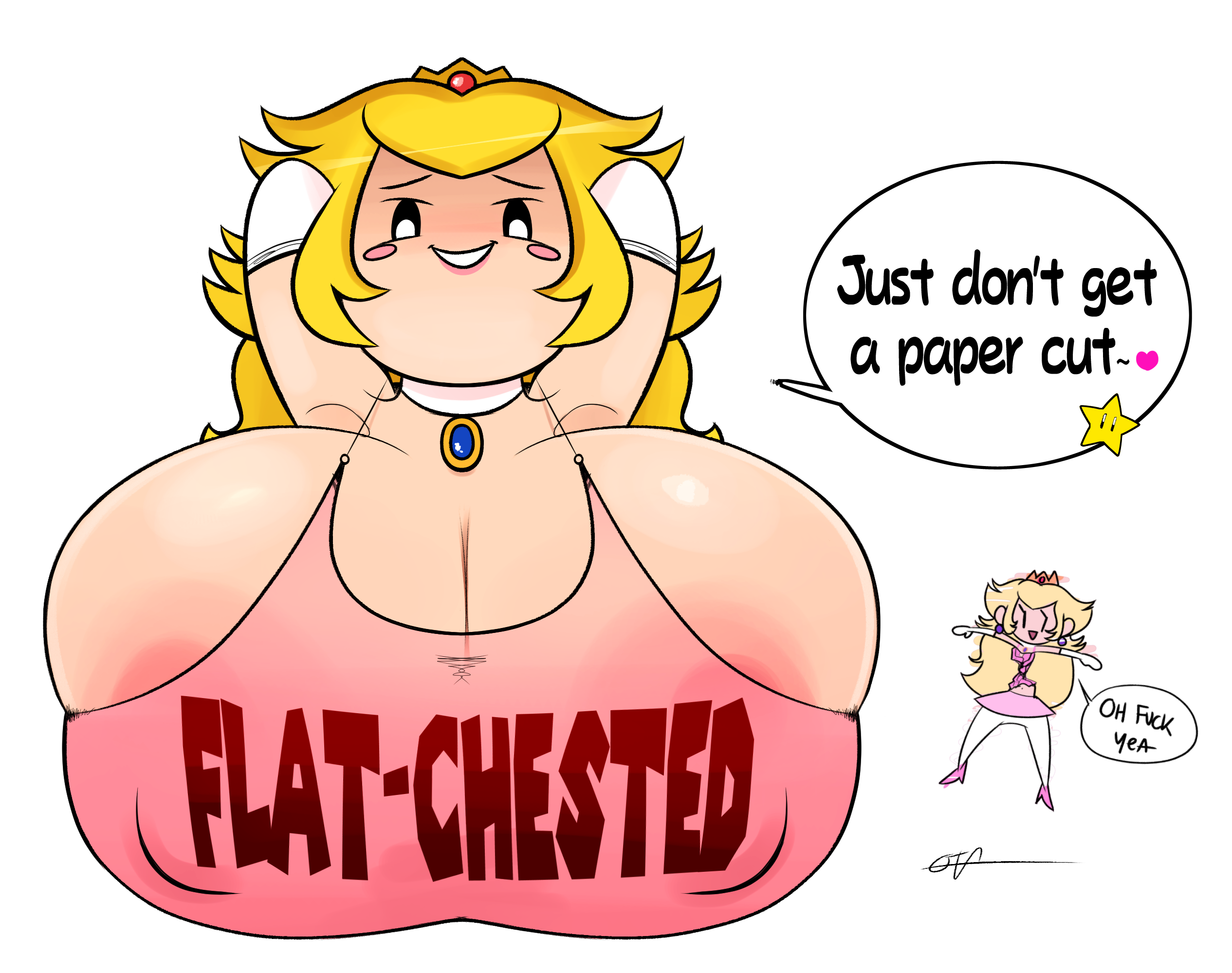 1girls, big breasts, blonde hair, breasts, comedy, female, flat, funny, huge breasts, humor, mario (series), nintendo, ota (artist), paper, paper mario, paper peach, princess peach, tagme, tanktop, text