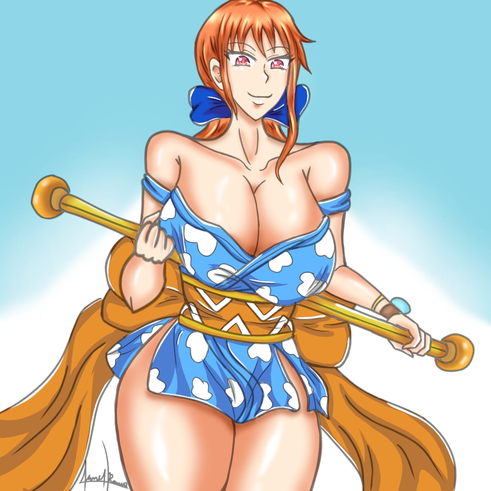 1girls big_breasts breasts busty cleavage clima-tact dilane93 female female_only hair_ribbon holding_object kimono kunoichi long_hair looking_at_viewer nami onami one_piece orange_hair shounen_jump solo thick_thighs voluptuous wano_country