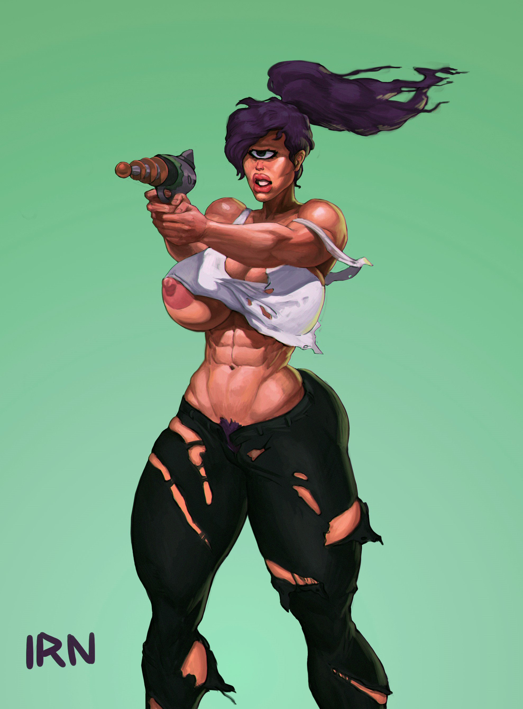 1girls, abs, angry, ass, bangs, big areola, big lips, big nipples, bimbo, breasts, cleavage, clenched teeth, curvaceous, cyclops, female, female only, futurama, hips, huge ass, huge breasts, iranon, light skin, light-skinned female, lips, muscular, muscular female, pale skin, pale-skinned female, perky breasts, ponytail, pose, pubic hair, puffy areola, solo female, thick thighs, thighs, torn clothes, turanga leela, voluptuous, wide hips