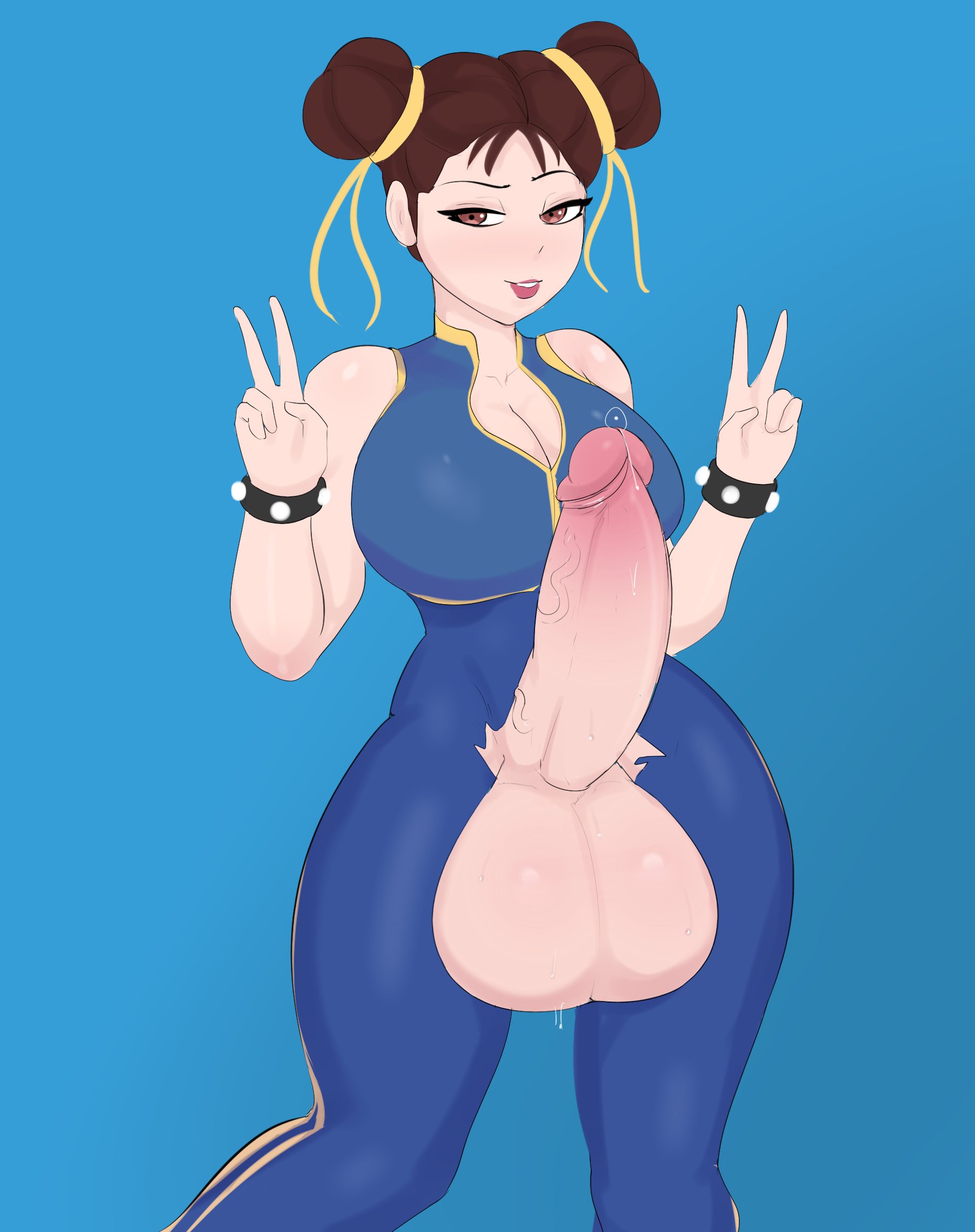 1futa, balls, big breasts, blue background, breasts, brown eyes, brown hair, chun-li, cleavage, dickgirl, double peace sign, double v, erection, futa only, futanari, g3mma, hair buns, huge balls, huge cock, huge testicles, intersex, large breasts, looking at viewer, peace sign, penis, precum, simple background, solo, street fighter, testicles, thick thighs, torn clothes, v, wide hips