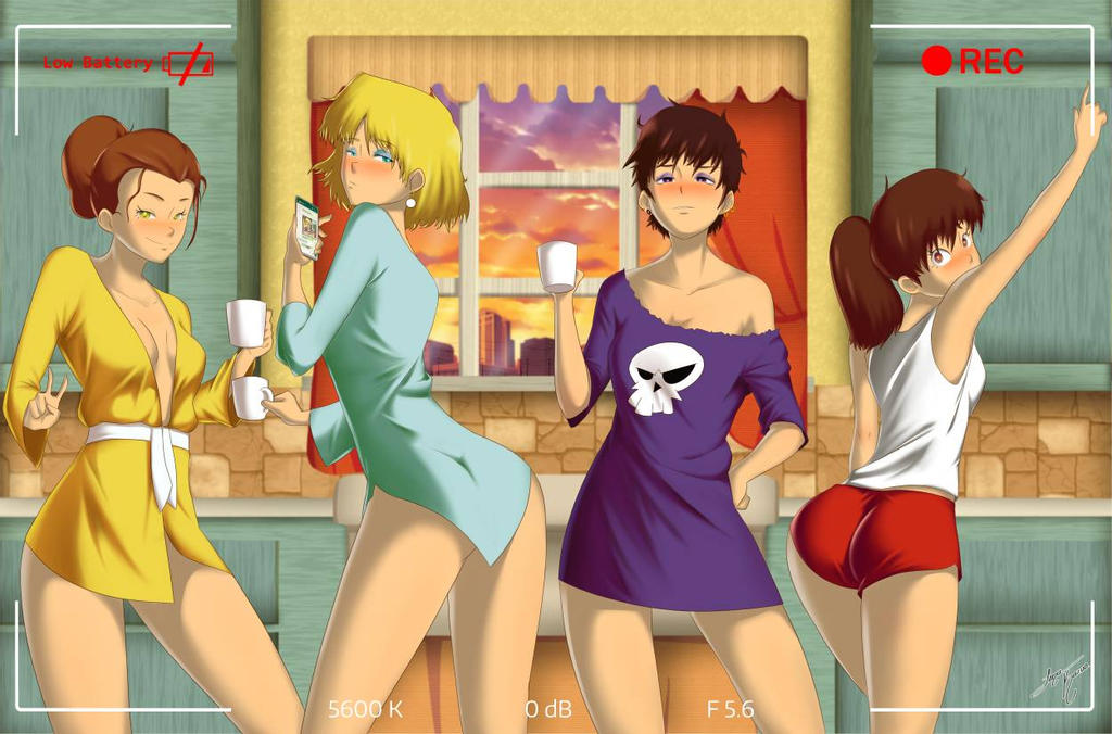 4girls aged_up ass bathrobe big_ass blonde_hair breasts brown_hair butt cleavage coffee coffee_mug female female_only half-closed_eyes jona_kazuo jonakazuo large_ass looking_at_viewer lori_loud luan_loud luna_loud lynn_loud morning multiple_females multiple_girls nickelodeon older pajamas ponytail recording robe short_hair shorts siblings sisters smile smooth_skin sunrise tank_top the_loud_house thighs