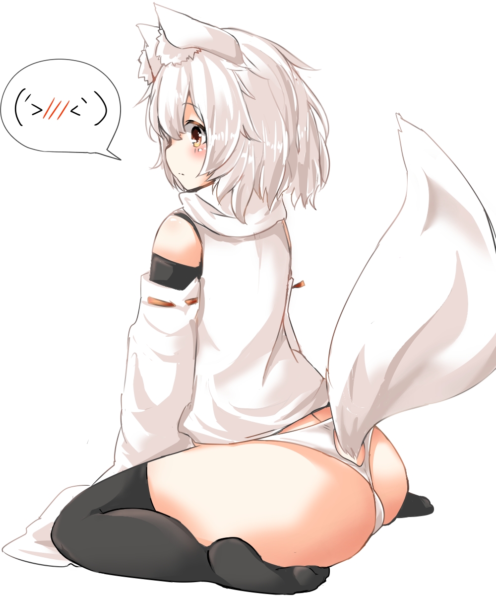 animal_ears ass blush houkai_(collapse_illust) momiji_inubashiri no_pants panties tagme tail text thighhighs touhou wariza white_hair white_panties wolf_ears wolf_girl wolf_tail yellow_eyes