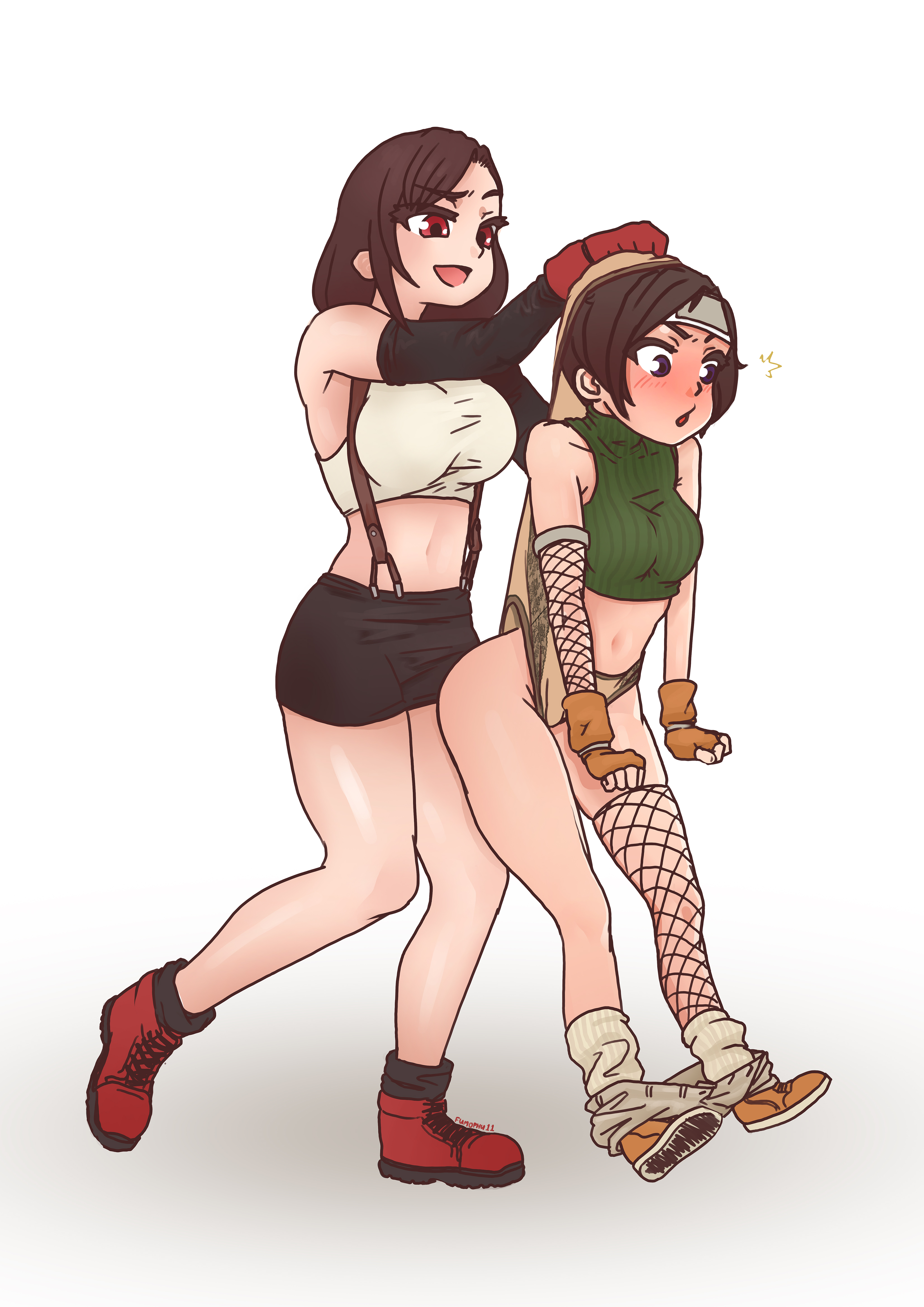 2girls, ass, atomic wedgie, blush, brown panties, bullying, clenched hand, embarrassed, female, female only, final fantasy, final fantasy vii, fumophu11, half-closed eyes, long hair, loose socks, ninja, no pants, pain, panties, short hair, smile, socks, surprised, tifa lockhart, underwear, wedgie, white socks, yuffie kisaragi