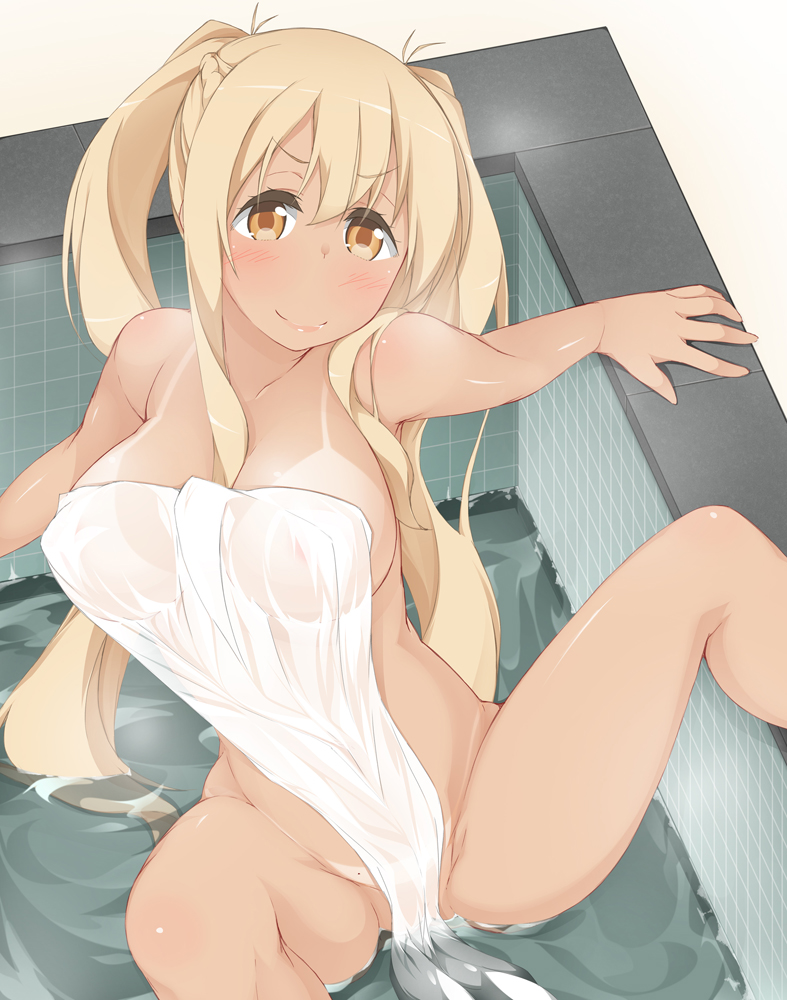 bad_anatomy bangs bath bathroom blonde_hair blush breasts brown_eyes censored convenient_censoring eyebrows_visible_through_hair female from_above groin gyaru hair_between_eyes hinata_masaki indoors large_breasts long_hair naked_towel nude partially_submerged see-through sunohara_nana sunoharasou_no_kanrinin-san tan tanline tied_hair towel twintails very_long_hair water wet white_towel