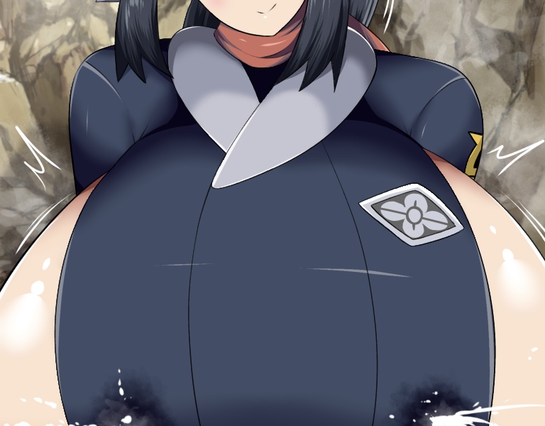 1girls, akari (pokemon), alternate breast size, blue eyes, blue hair, breasts, close-up, enormous breasts, eye contact, female, female protagonist, hyper, hyper breasts, lactation, lactation through clothes, looking at viewer, milk squirt, nintendo, norio (pheromosa times), pokemon, pokemon legends: arceus