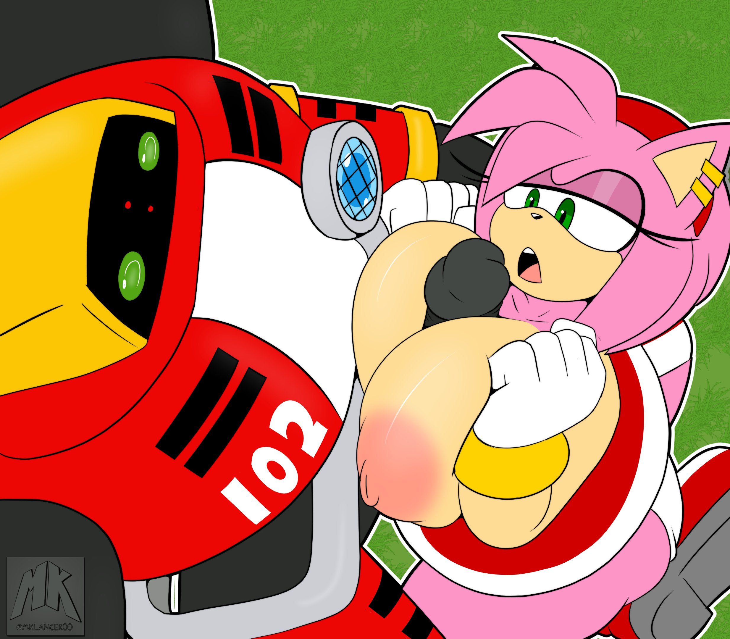 aged up, amy rose, breasts, clothing, e-102 gamma, ear piercing, female, mklancer00, outercourse, paizuri, panties, piercing, pink fur, pink nipples, sega, sonic (series), sonic adventure, sonic the hedgehog (series)