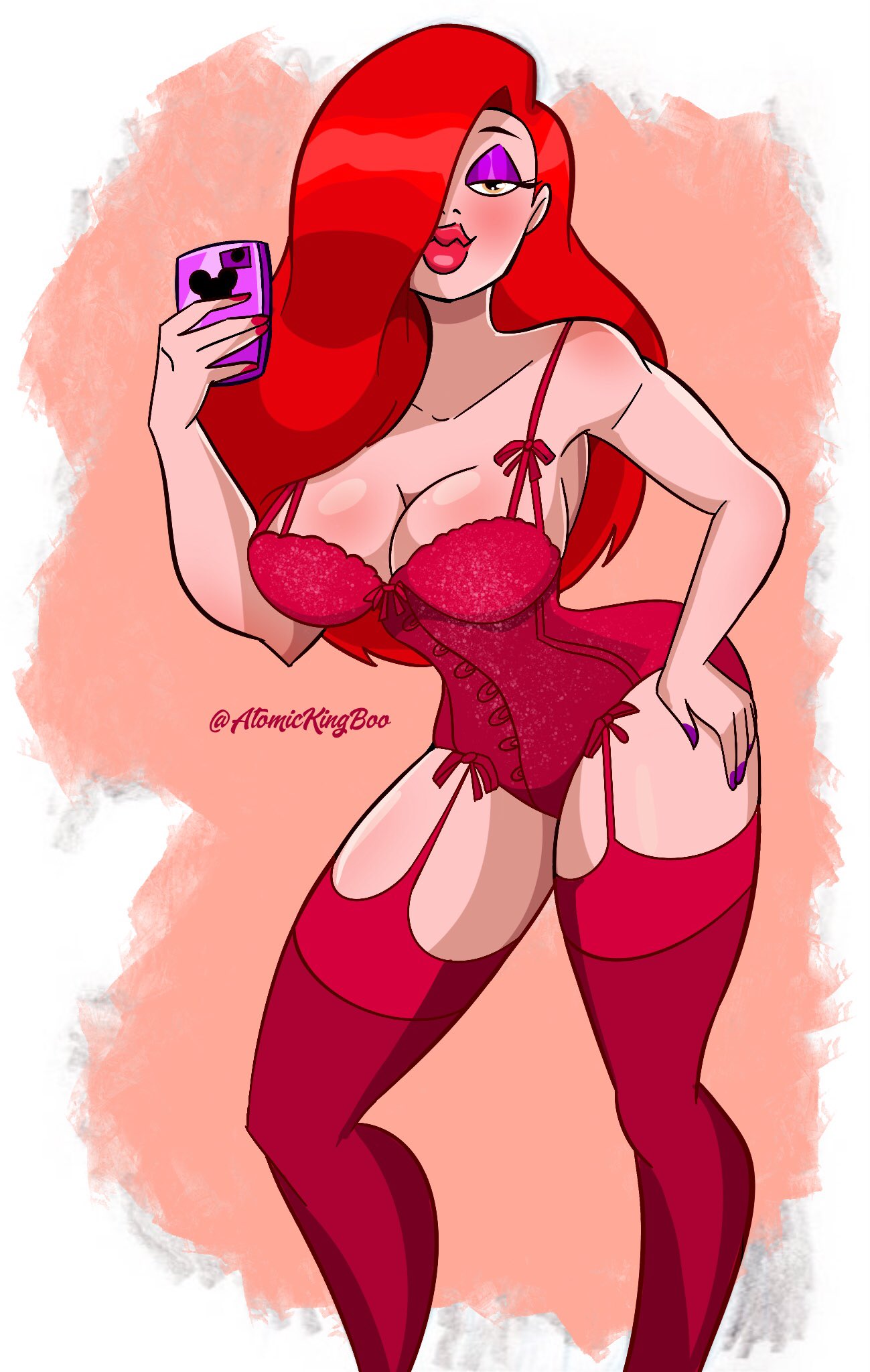 1girls, amark907local, arie monroe, artist name, atomickingboo, breasts, bustier, busty, cleavage, corset, cosplay, digital media (artwork), disney, eyelashes, eyeshadow, female, garter belt, garter straps, hourglass figure, jessica rabbit, large breasts, legs, lingerie, long hair, lower body, phone, red hair, thick, thick thighs, thighhighs, thin waist, upper body, voluptuous, who framed roger rabbit