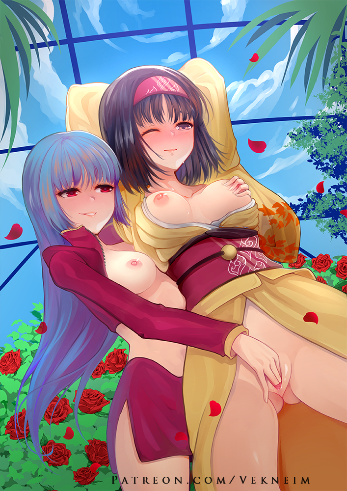 2girls background black_hair blush bottomless breast_grab breasts breasts_out cloud clouds erika_(pokemon) erika_(pokemon_hgss) female_only fingering gym_leader headband japanese_clothes kimono kimono_pull long_hair medium_breasts multiple_girls nintendo nipples one_eye_closed pink_eyes pokemon pokemon_hgss purple_hair pussy red_eyes rose sabrina_(pokemon) short_hair skirt sky standing vekneim yuri