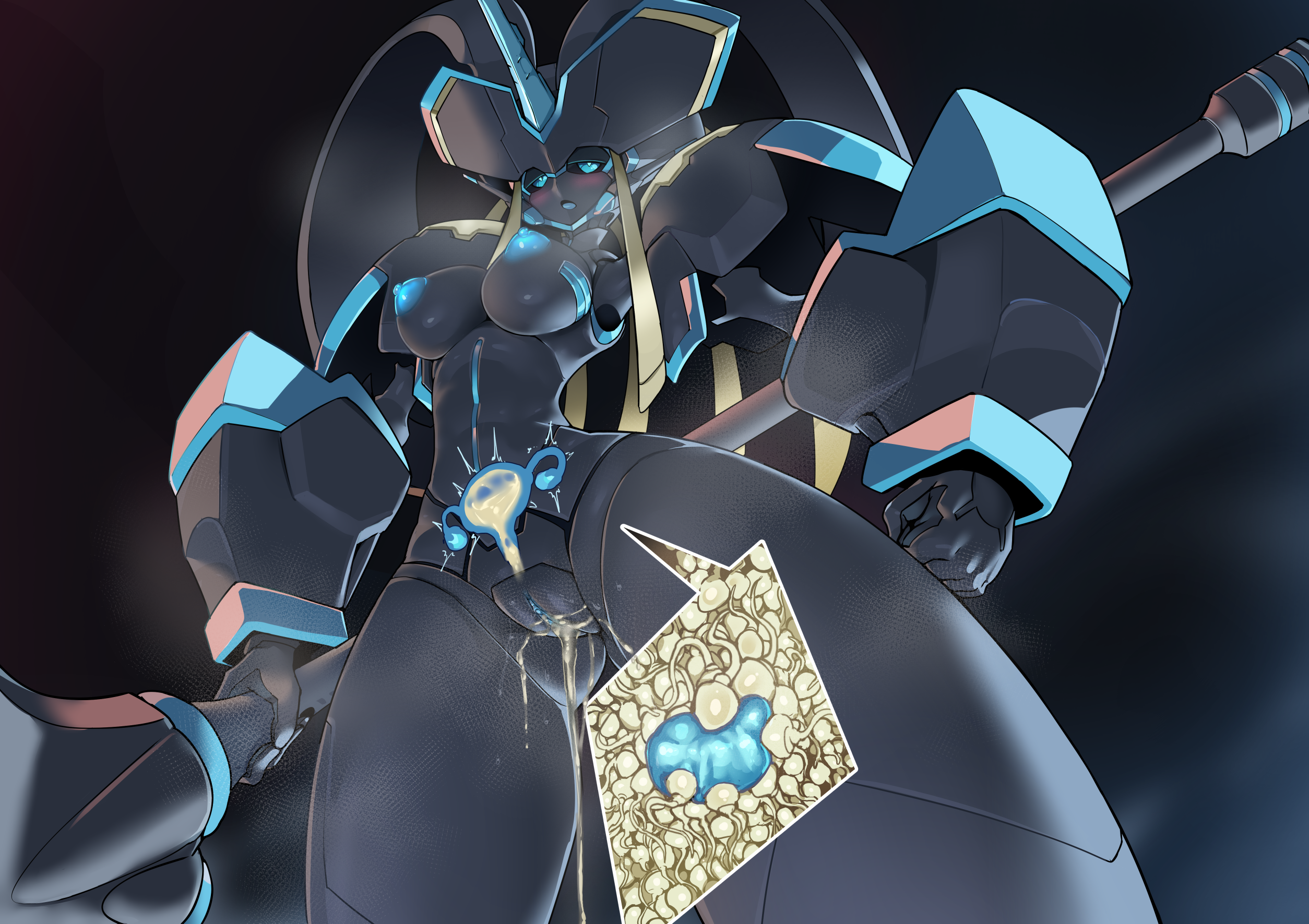 after sex, after vaginal, bodily fluids, breasts, cum, cum in mouth, cum in uterus, cum inside, darling in the franxx, ejaculation, excessive cum, female, genital fluids, genitals, humanoid, impregnation, low-angle view, machine, melee weapon, pinup, pochincoff, polearm, pose, pregnant sex, pussy, pussy ejaculation, pussy juice, robot, robot humanoid, simple background, solo, spear, sperm cell, strelizia, studio trigger, text, uterus, weapon, worm's-eye view