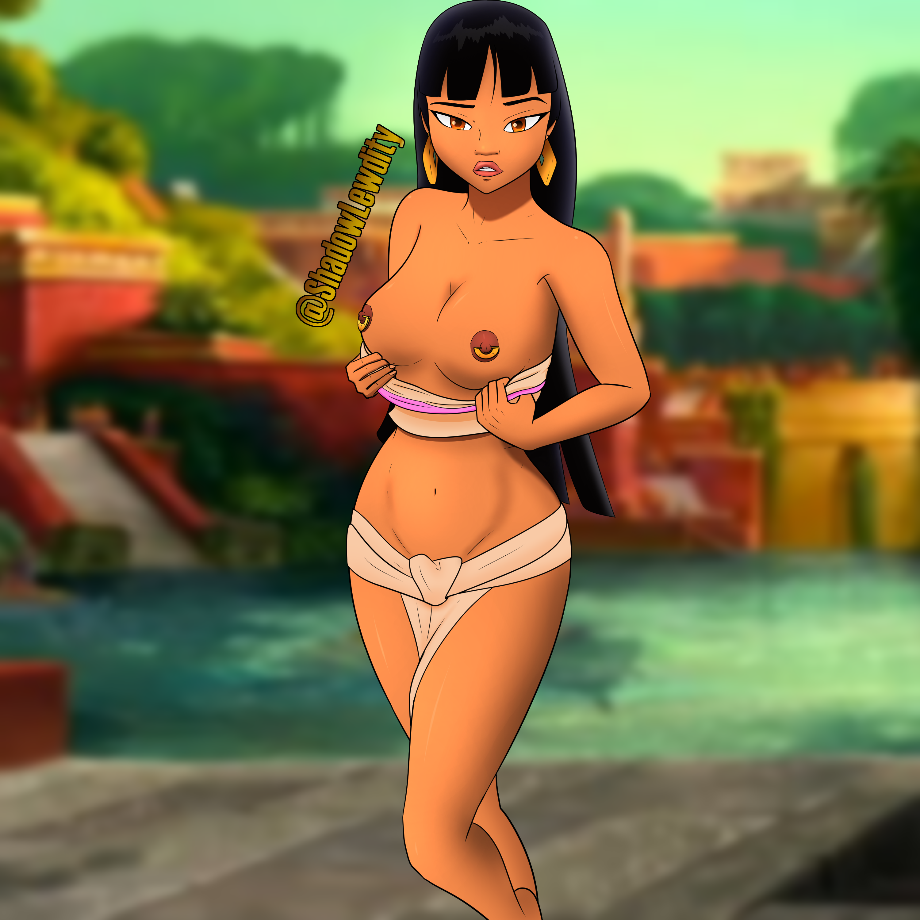 1girls, areolae, big breasts, black hair, breasts, chel, dark skin, dark-skinned female, dreamworks, exposed breasts, eyebrows, female, female only, lips, long hair, looking at viewer, native, native american, navel, nipple piercing, nipples, orange eyes, piercing, shadowlewdity, shirt pull, solo, solo female, stomach, the road to el dorado, thick thighs, wide hips