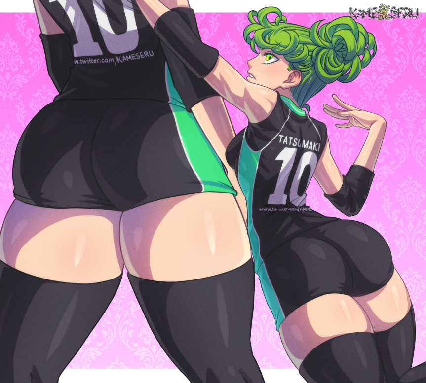 1girls ass big_ass curvy_figure female green_eyes green_hair kameseru minishorts one-punch_man short_hair shorts sports_uniform standing tatsumaki thick_thighs thighs voluptuous