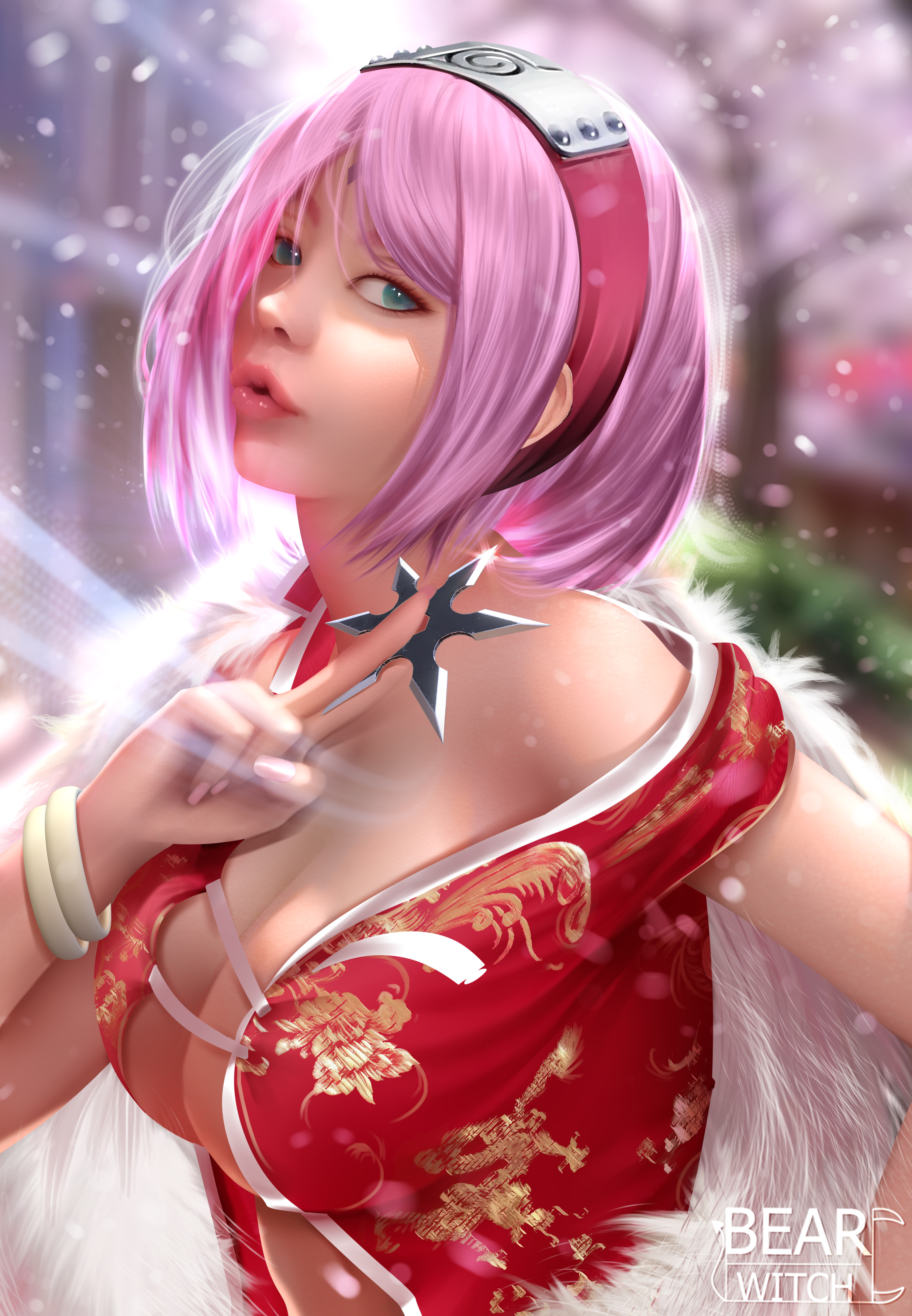 1girls, alternate costume, artist name, bare shoulders, bearwitch, big breasts, bracelets, breasts, cherry blossoms, china dress, chinese clothes, cleavage, dress, facial mark, female, female only, forehead mark, forehead protector, fur trim, green eyes, hairband, holding object, looking at viewer, naruto, naruto (series), naruto shippuden, naruto: the last, off shoulder, parted bangs, parted lips, pink hair, sakura haruno, shuriken, solo, upper body, watermark, weapon, wind