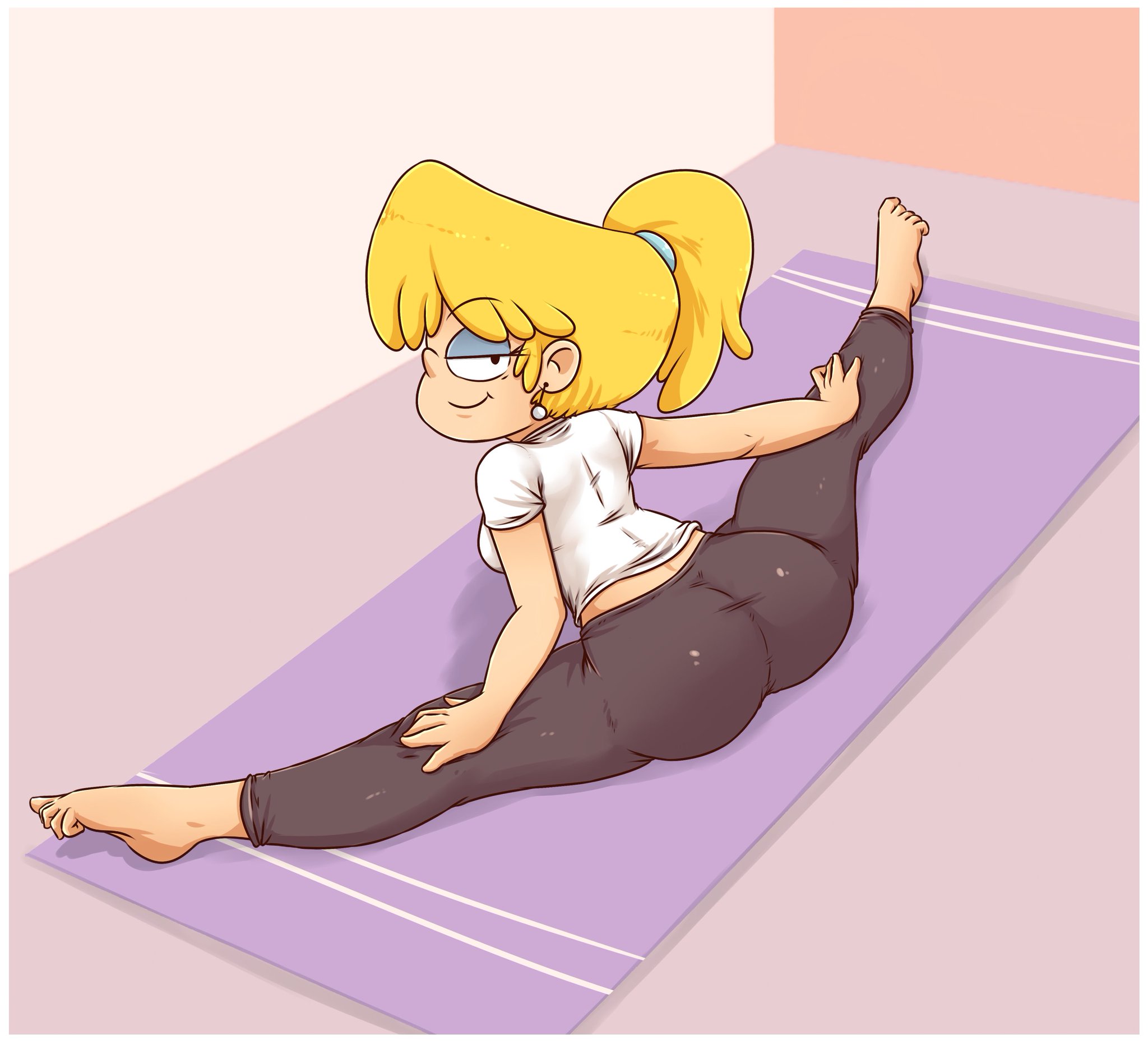 1girls, ass, back, bangs, barefoot, big ass, big butt, black legwear, blonde hair, blue eyeshadow, breasts, bubble ass, bubble butt, drawsoyeah, eyeshadow, feet, female, female only, half-closed eyes, huge ass, large ass, leggings, legs, legwear, looking back, lori loud, nipples, pants, ponytail, shirt, sideboob, smile, solo, solo female, solo focus, splits, stretching, t-shirt, the loud house, thick thighs, thighs, tight clothing, tight pants, toes, white shirt, white t-shirt, yoga, yoga mat, yoga pants
