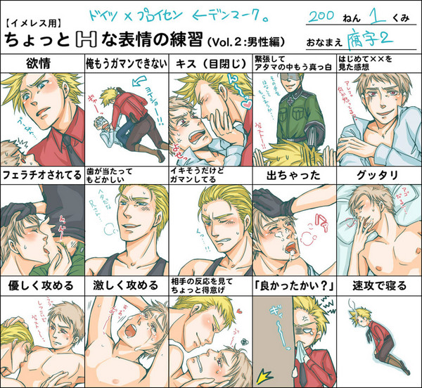 3boys axis_powers_hetalia breast_sucking breasts denmark_(hetalia) germany_(hetalia) gilbert_weillschmidt gloves gun ludwig_weillschmidt male multiple_boys multiple_views nipple_stimulation nipple_suck nippleplay oral prussia_(hetalia) threaten translated translation_request weapon yaoi