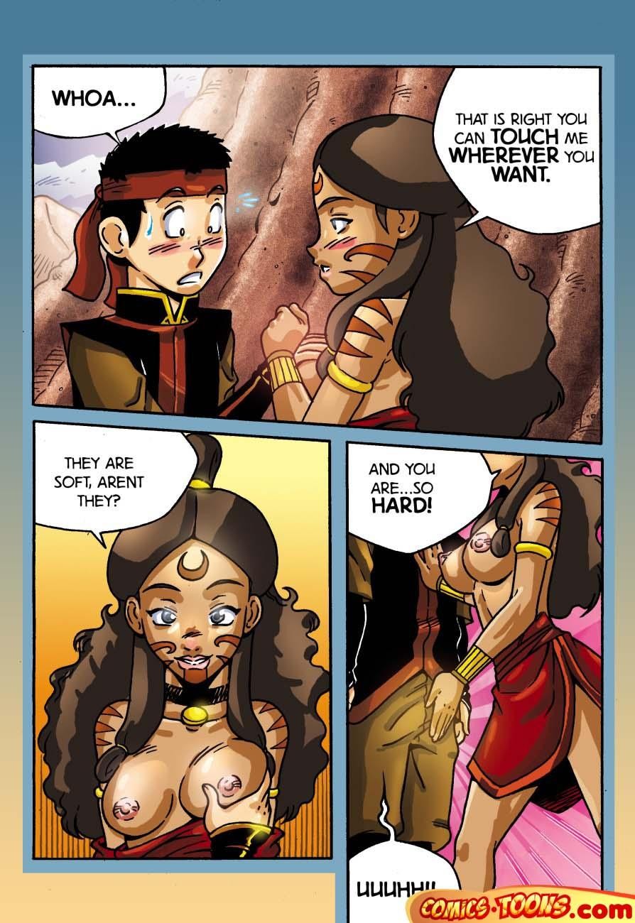 1boy 1girls aang aang_(kuzon) air_nomad avatar_legends avatar_the_last_airbender blush clothing comic comics-toons dark-skinned_female dark_skin english_text female human interracial katara linno male medium_breasts skirt speech_bubble straight straight_hair text the_avatar