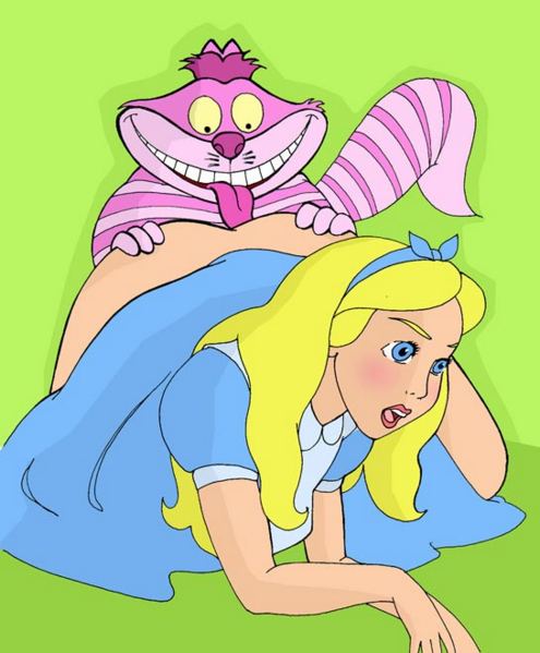 alice_(disney) alice_in_wonderland alice_in_wonderland_(1951_film) alice_liddell cat cheshire_cat_(disney) clothes disney dress feline female hair human interspecies male pink_fur size_difference smile straight tongue yaoinami yellow_hair