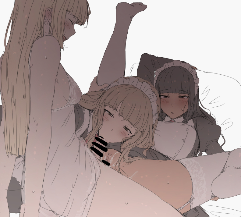 1futa 2girls 3girls after_sex after_vaginal aftercare bangs bar_censor blonde_hair blush brown_hair brown_hair_maid_(mdf_an) censored closed_mouth cum cum_in_pussy dark-skinned_female fellatio fff_threesome futa_on_female futa_with_female futanari futanari-sama_(mdf_an) garter_straps grey_background group_sex long_hair lying maid maid_headdress mdf_an mole mole_under_eye multiple_girls on_back open_mouth oral original penis pillow simple_background spread_legs straight_black_hair_maid_(mdf_an) sweat thighhighs threesome white_thighhighs