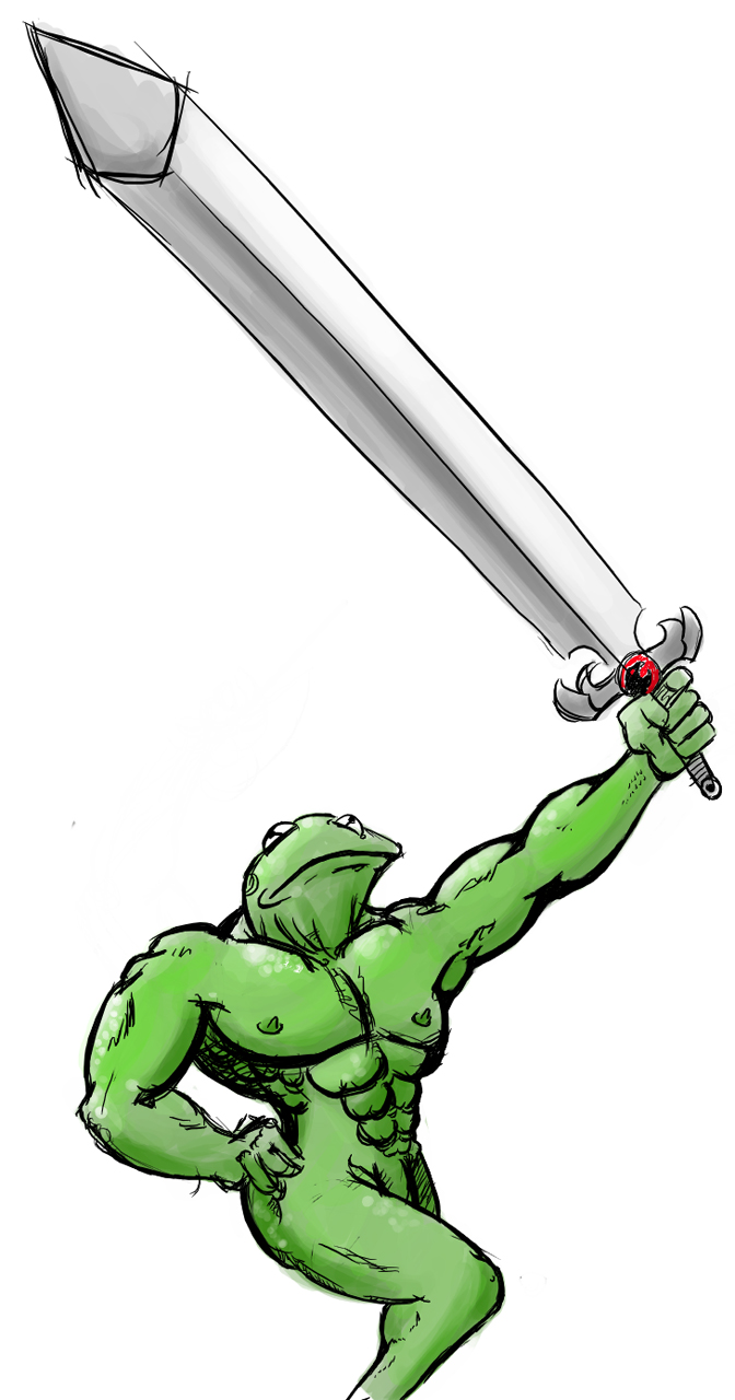 anthro frog green_skin holding_sword kermit_the_frog male male_only muppets muscular_male nude shigoto solo tagme what