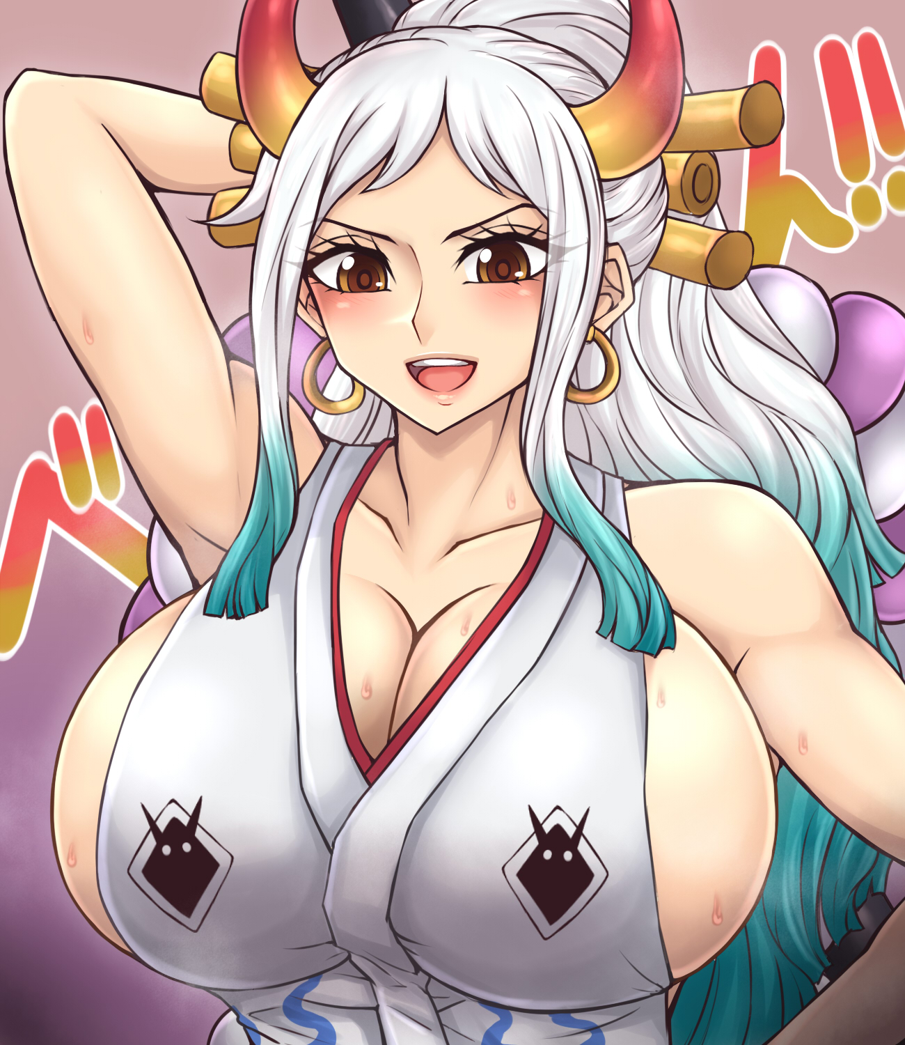 1girls, armpits, beruzumi-m, big breasts, blue hair, blush, breasts, brown eyes, cleavage, clothed, clothing, curvy, demon, ear piercing, earrings, female, female focus, female only, fully clothed, gradient hair, hi res, highres, hoop earrings, horned humanoid, horns, huge breasts, humanoid, light skin, light-skinned female, long hair, multicolored hair, one piece, oni, oni horns, revealing clothes, sideboob, simple background, solo, solo female, sweat, two-tone hair, upper body, white hair, white-haired female, wide hips, yamato (one piece)