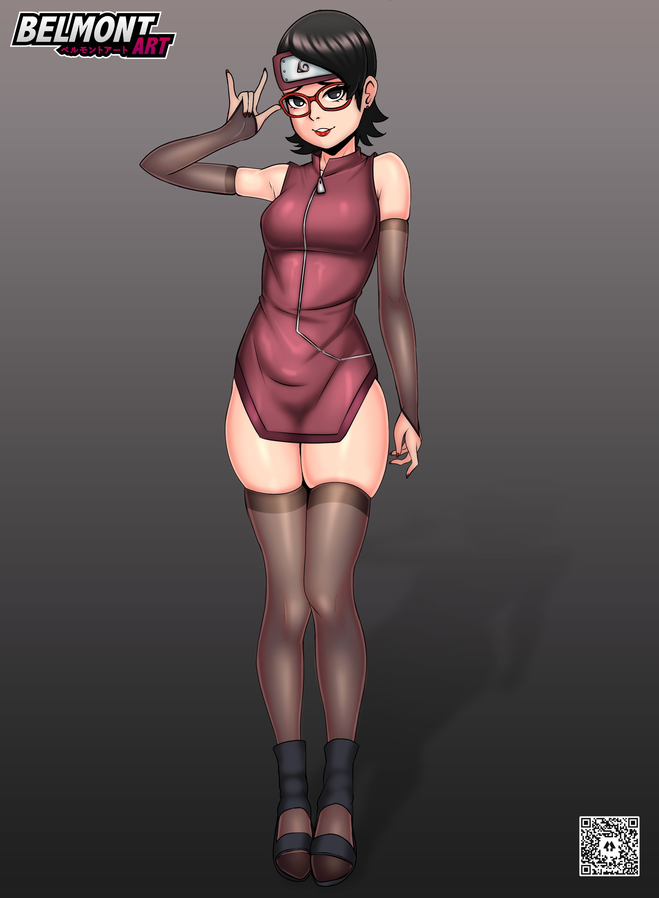 1girls, arm warmers, armwear, bare thighs, belmont, black eyes, black hair, black legwear, black socks, boruto: naruto next generations, breasts, female, female focus, female only, footwear, forehead protector, fully clothed, glasses, headband, hi res, high resolution, highres, legs together, legwear, light skin, light-skinned female, lips, lipstick, makeup, naruto, naruto (series), no panties, painted nails, petite, pose, posing, red lips, red lipstick, red nail polish, red nails, sarada uchiha, see-through, see-through clothing, short hair, shounen jump, skimpy, skimpy clothes, sleeveless shirt, small breasts, socks, solo, solo female, solo focus, standing, stockings, teenager, thick thighs, thigh socks, thighhighs, thighs, tight clothing, tight dress