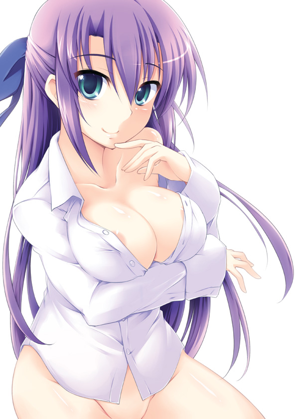 1girls bottomless breasts cleavage dress_shirt female ginga_nakajima lyrical_nanoha mahou_shoujo_lyrical_nanoha mahou_shoujo_lyrical_nanoha_strikers nagami_yuu naked_shirt purple_hair shirt solo