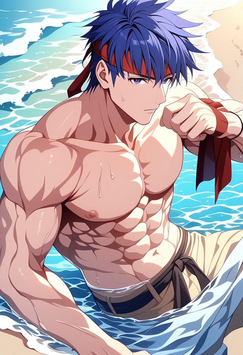 ai_generated bandana beach fire_emblem fire_emblem:_path_of_radiance fire_emblem:_radiant_dawn ike_(fire_emblem) muscular muscular_male nintendo pecs sand shirtless shorts straight summer sweat sweatdrop water