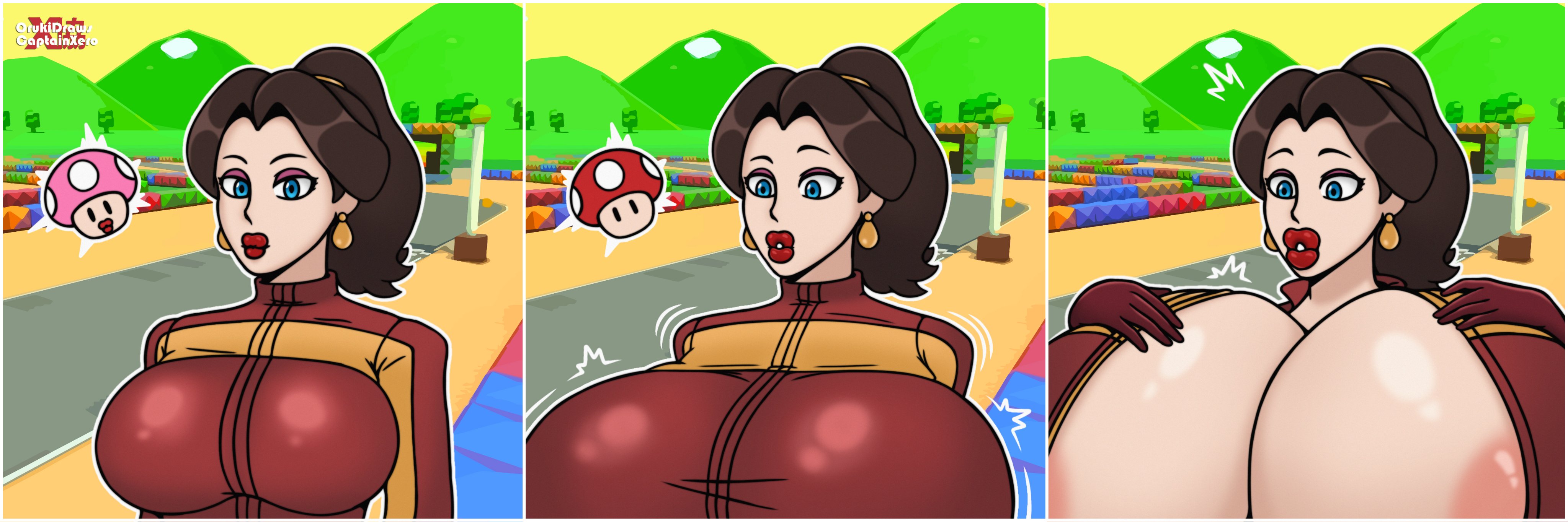 1girls, 2025, 2d (artwork), areolae slip, big breasts, big lips, bimbo, bimbofication, blue eyes, bodysuit, breast expansion, breast growth, breast growth (enlargement), breasts, brown hair, captainxero, earrings, expansion, female, female only, high resolution, huge breasts, hyper breasts, light skin, light-skinned female, makeup, mario (series), mario circuit, mario kart, mario kart world, nintendo, orukidraws, pauline, pauline (aero), pauline (mario), sequence, solo, super mario kart, tight clothing