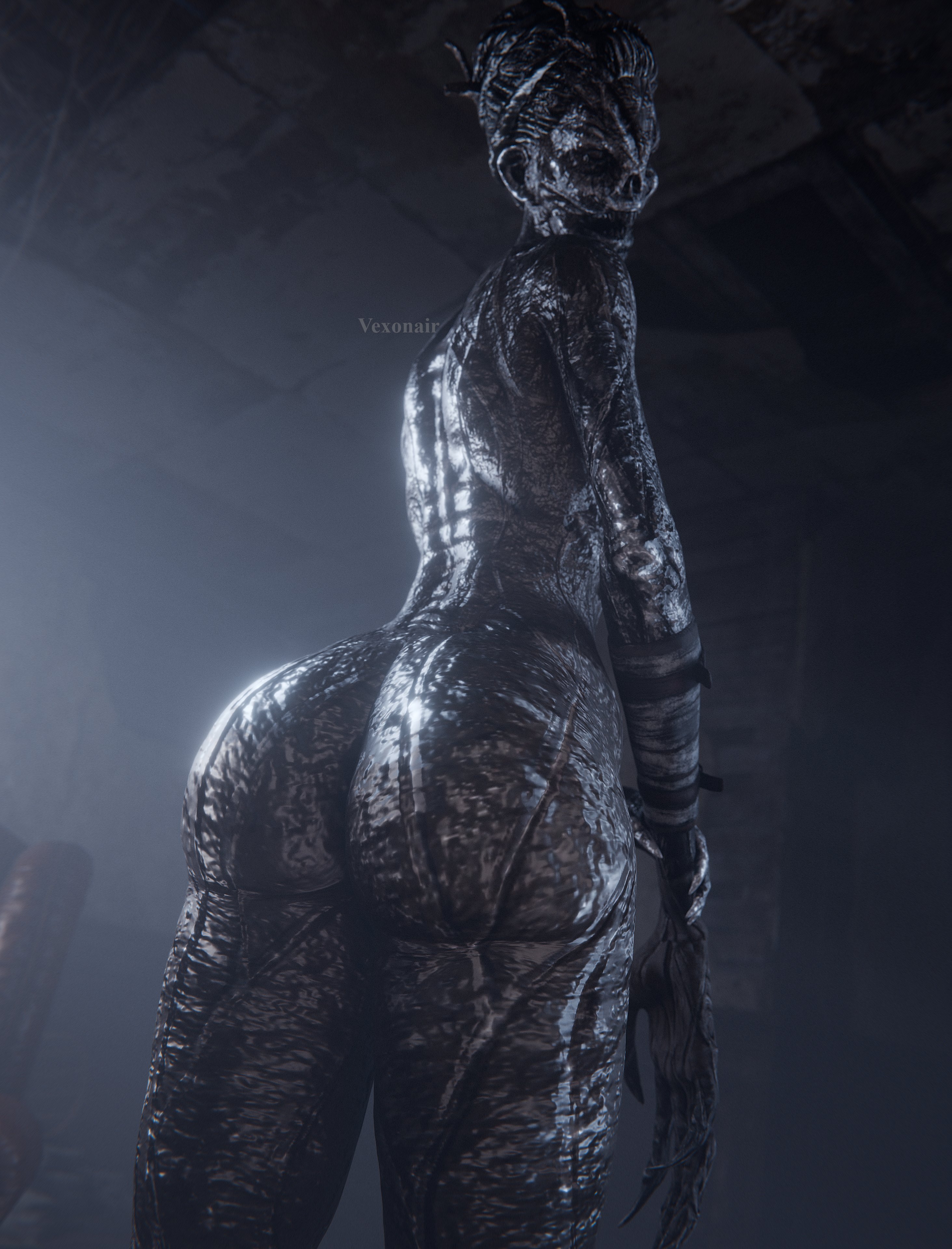1girls, 3d, ass, big ass, dead by daylight, female, ghoul, huge ass, lisa sherwood, looking at viewer, looking back, monster, monster girl, nightmare waifu, sharp teeth, the hag, undead, vexonair