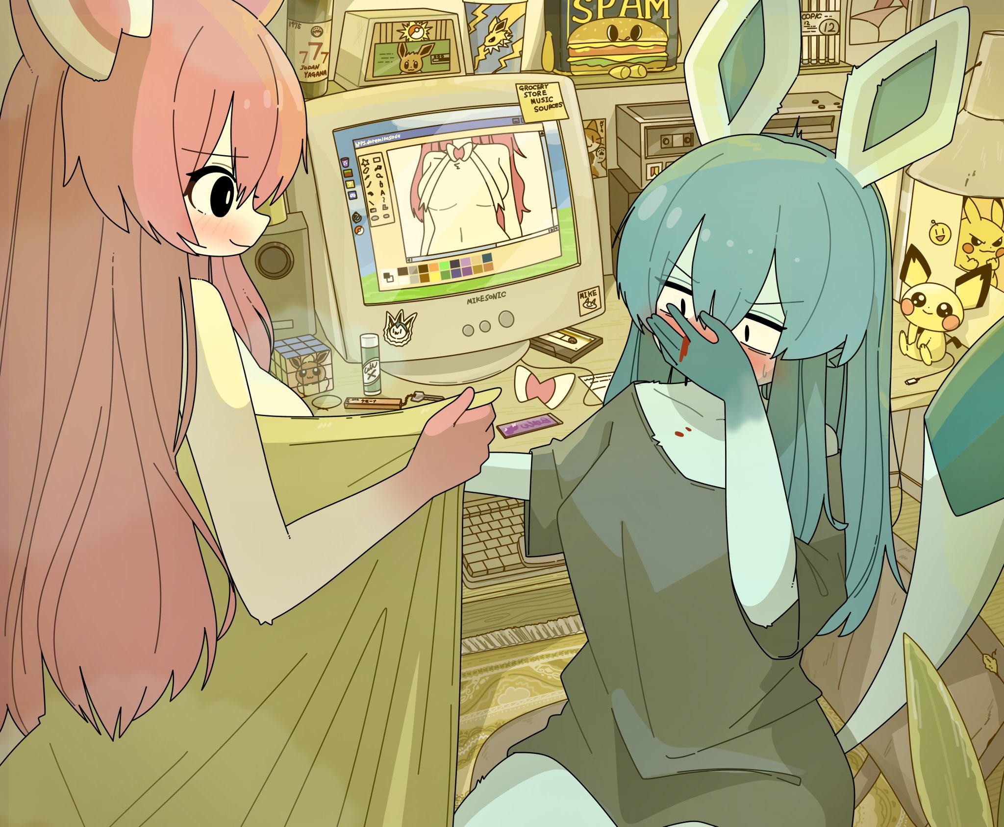 2girls, art, blue hair, blush, computer, creatures (company), doremifaso64, eevee, female, game freak, generation 1 pokemon, generation 2 pokemon, generation 4 pokemon, generation 6 pokemon, glaceon, jolteon, lesbian, microsoft, microsoft paint, multicolored body, nintendo, nosebleed, pichu, pikachu, pink hair, pokémon (species), pokemon, pokemon (species), pokemon dppt, pokemon xy, shocked, showing off, sylveon, windows xp