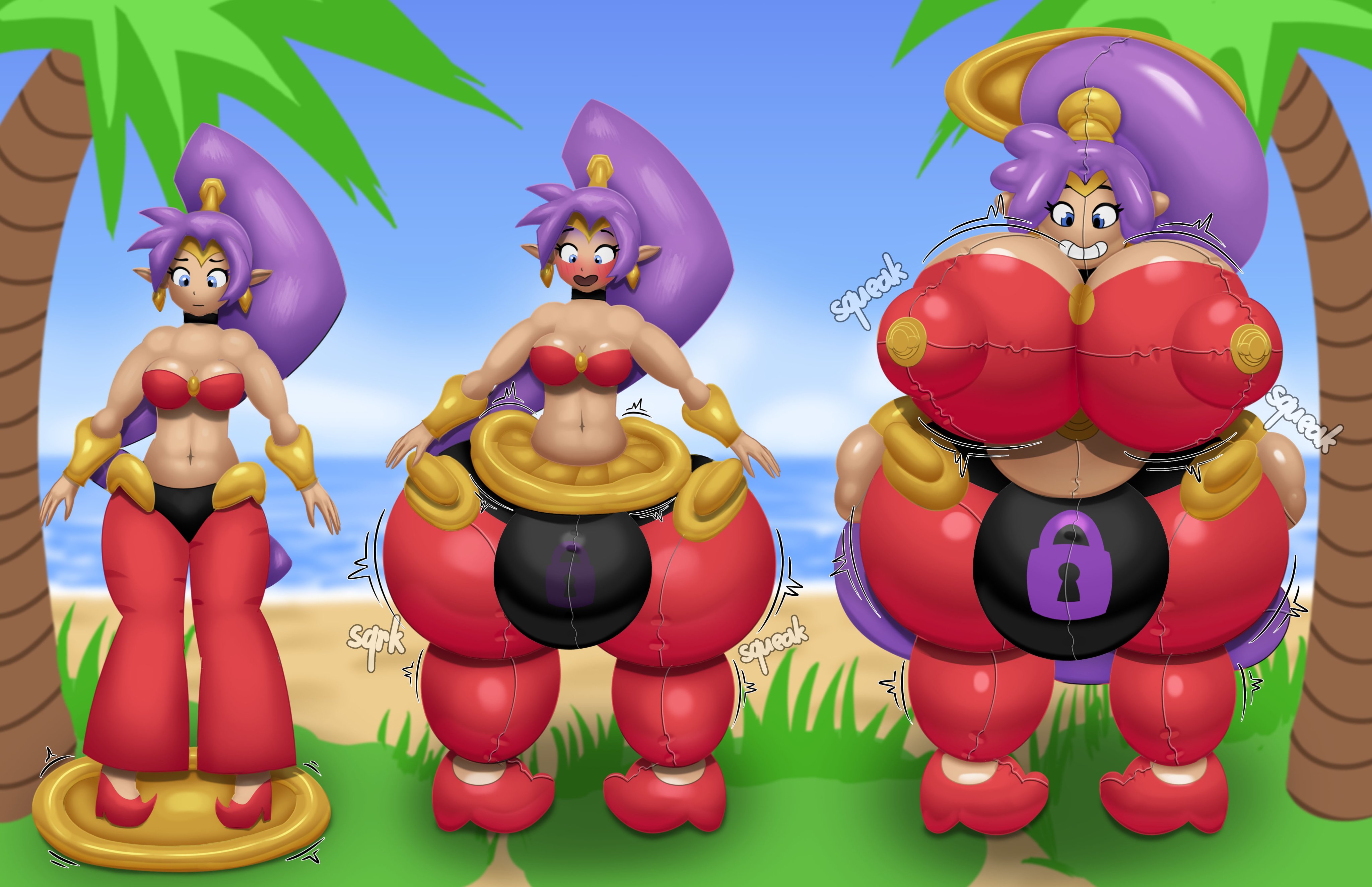 1futa, 1girls, ass expansion, bad end, big bulge, big penis, bodysuit, breast expansion, breast growth, breast growth (enlargement), breasts, breasts bigger than head, bulge, cameltoe, chastity, chastity bulge, chastity device, commission, damsel in distress, dark skin, dark-skinned female, defeated, defeated heroine, doll, dollification, encasement, expansion, female, full body, futa transformation, futanari, fyeuwuw, genie girl, genital growth, handlebars, handles, handles on hips, happy, happy trance, hi res, hip expansion, hoop transformation, huge breasts, huge nipples, human, hyper, hyper breasts, hyper bulge, hyper hips, hyper nipples, immobile, immobilization, intersex, large nipples, latex, latex suit, light skin, light-skinned female, living pool toy, lock bulge, long hair, massive breasts, mind control, nipples, nipples visible through clothing, null, null bulge, nullge, nullification, padlock symbol, penis, penis growth, permanent, permanent chastity, permanent smile, permanent transformation, ponytail, pool toy, pussy, rubber, rubber suit, rubber transformation, rubberization, shantae, shantae (character), size transformation, smile, solo, sound effects, squeaking, standing, text, thick thighs, thigh expansion, thighhighs, thought bubble, transformation, trap (disambiguation), twinning, valve (mechanical), valve nipple, worried