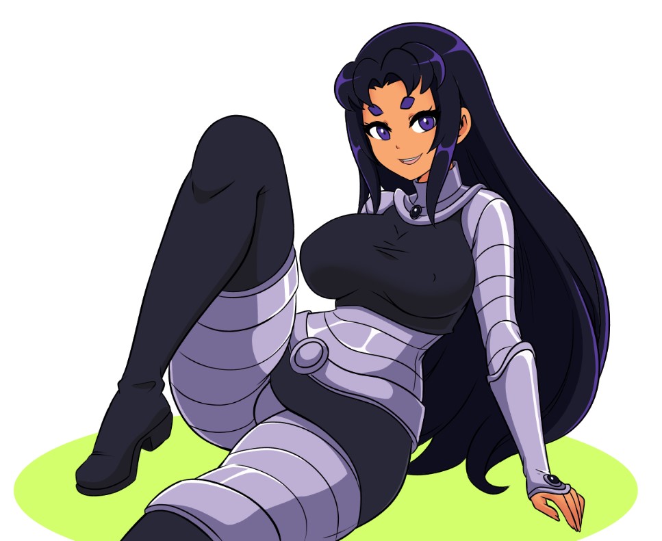 ass, big ass, big breasts, big butt, big thighs, big titties, black hair, blackfire, breasts, clothing, curvaceous, curvaceous female, curvaceous figure, curvy, curvy figure, curvy hips, dc, dc comics, female, female focus, female only, long hair, looking at viewer, momocka art, teen titans