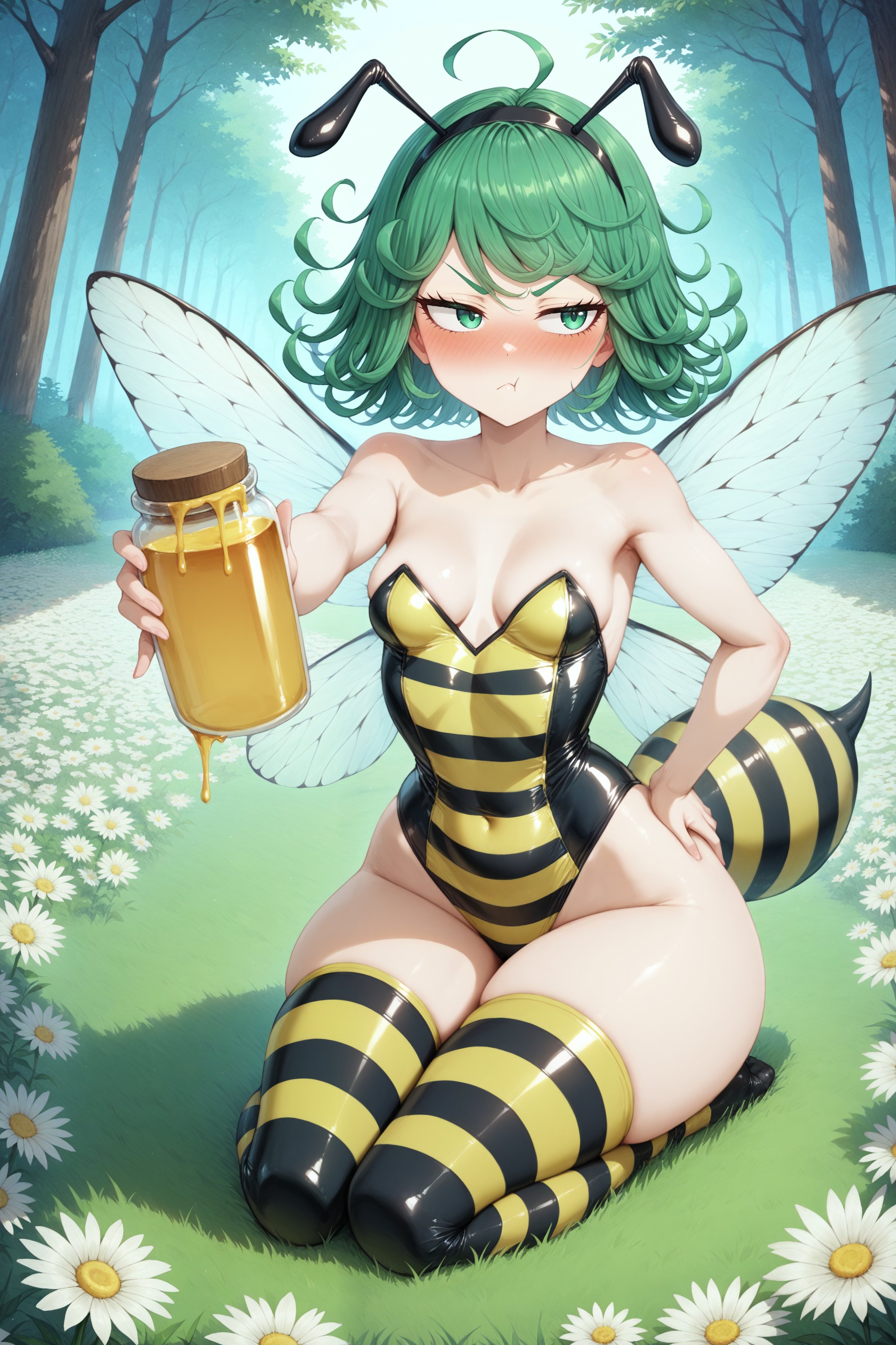 :t, 1girls, ahoge, ai generated, aimoonshine, alternate costume, antennae, antennae (anatomy), arthropod girl, bare arms, bare shoulders, bee, black hairband, black leotard, blush, bottom heavy, breasts, closed mouth, collarbone, covered navel, curly hair, day, female, female only, flower, forest, full body, grass, green eyes, green hair, hairband, hand on hip, hand on own hip, highleg, highleg leotard, holding, honey, honey (food), insect wings, jar, leotard, looking at viewer, nature, nose blush, offering, offering to viewer, on grass, one-punch man, outdoors, pout, seiza, shiny clothes, short hair, sideways glance, sitting, skindentation, small breasts, solo, solo female, strapless, strapless leotard, striped clothes, striped thighhighs, tatsumaki, thick thighs, thighhighs, thighs, tree, tsundere, v-shaped eyebrows, white flower, wide hips, wings