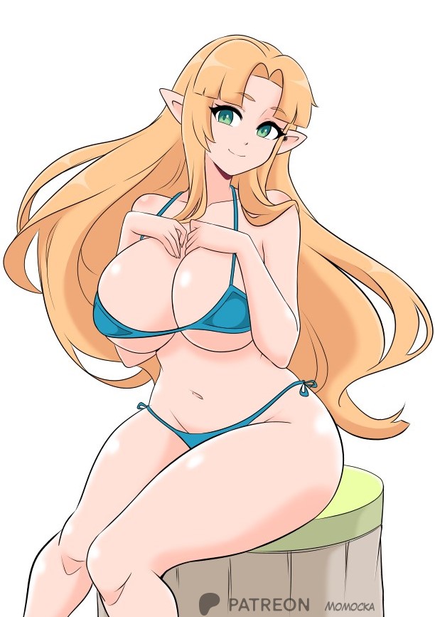 big breasts, big thighs, big titties, bikini, breasts, curvaceous, curvaceous female, curvaceous figure, curvy, curvy figure, curvy hips, elf ears, elf female, elf girl, female, female focus, female only, looking at viewer, momocka art, nintendo, princess zelda, short hair, the legend of zelda, yellow hair, zelda (a link between worlds)