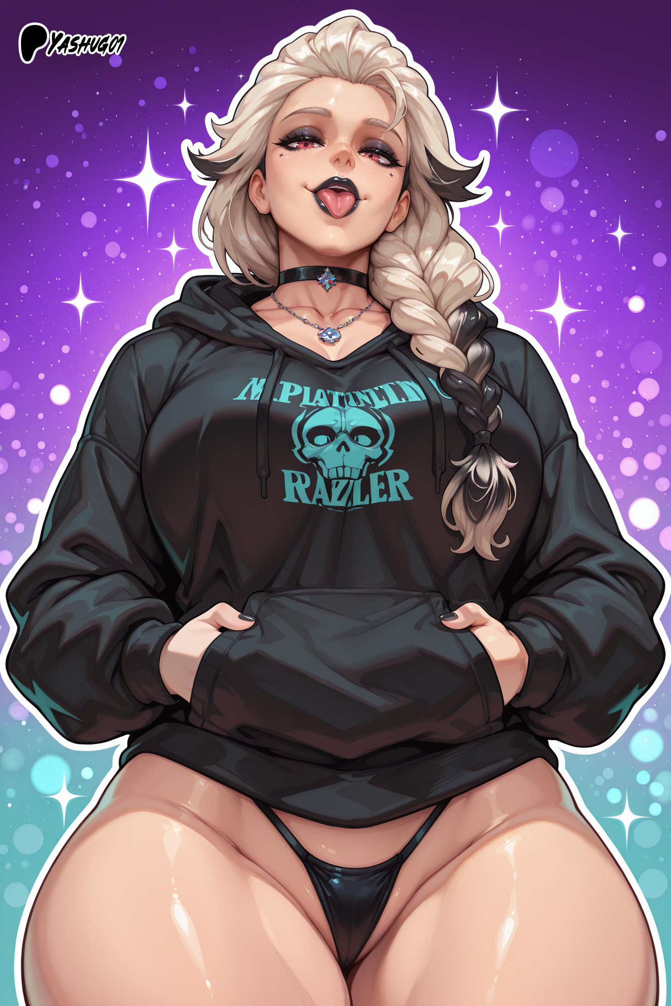 ai assisted, ai generated, ai text, bare thighs, braided hair, breasts, clothing, coat, disney, elsa (frozen), female, frozen (film), gigantic breasts, goth girl, huge breasts, huge thighs, light skin, light-skinned female, looking down, low-angle view, massive breasts, multicolored hair, oiled body, oiled skin, panties, red eyes, smiling, solo female, squatting, sweat, sweatdrop, thick body, thick female, thick thighs, thighs, tongue, tongue out, voluptuous, voluptuous female, white hair, yashugai
