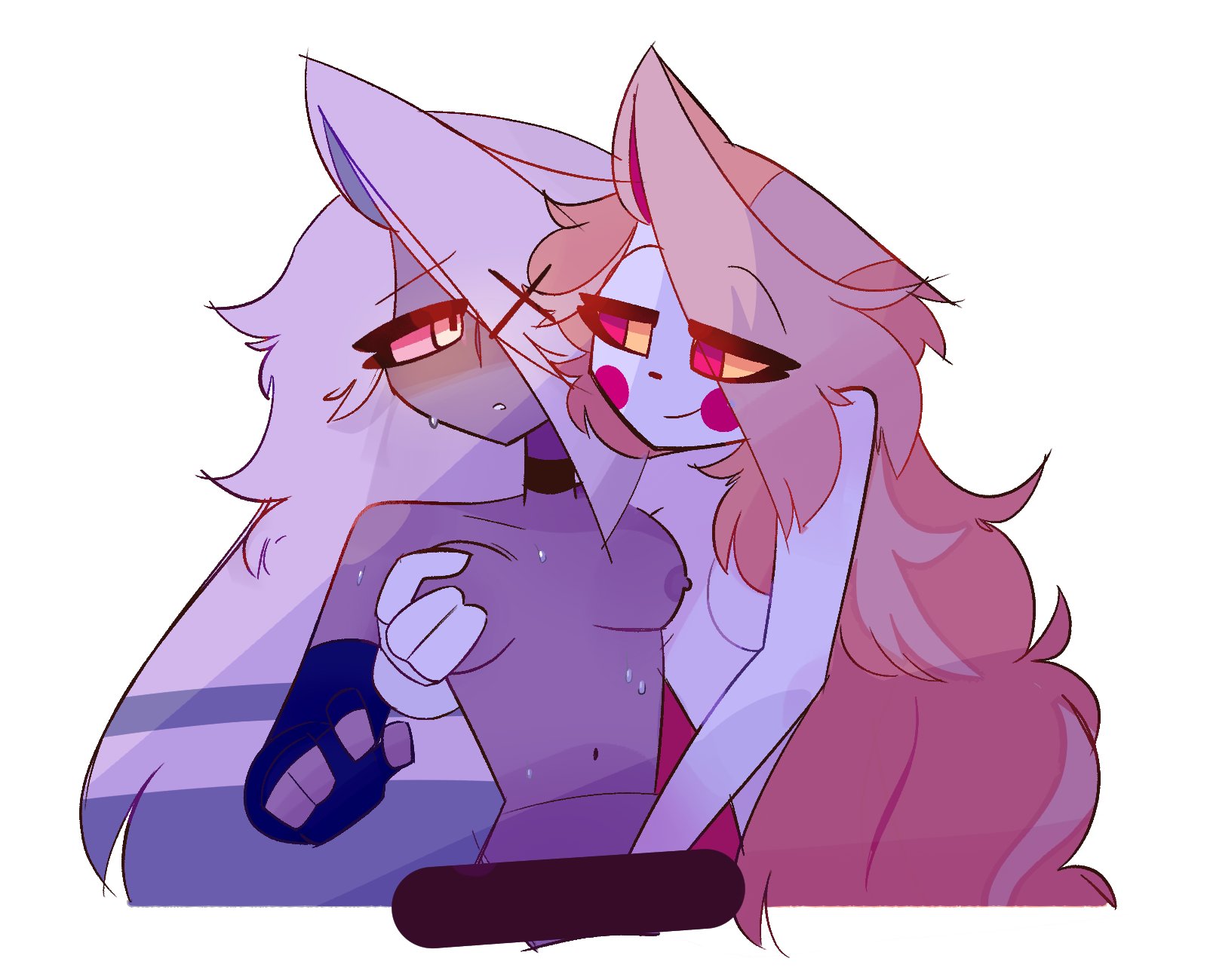 1 eye, blonde hair, blush, breast grab, breasts, canon couple, charlie morningstar (hazbin hotel), comic juli, duo, female, female only, female/female, grey body, hair, hazbin hotel, masturbation, nipples, nude, open mouth, pussy, simple background, smile, sweat, thick thighs, vaggie (hazbin hotel), vaginal masturbation, white hair, yuri