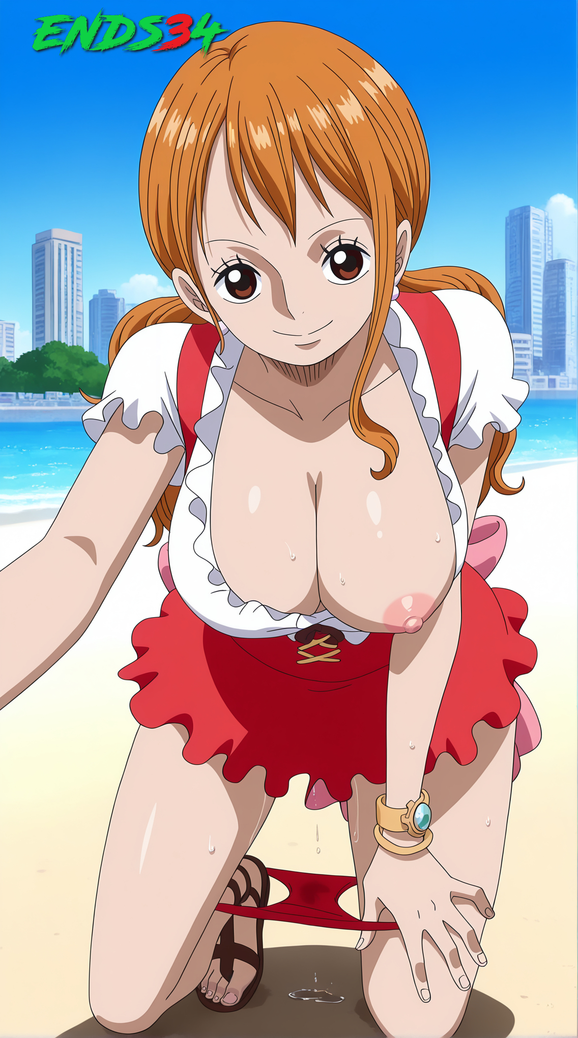 1girls, 2025, ai generated, big breasts, breasts, brown eyes, clothing, ends34, female, female only, nami (one piece), one piece, orange hair, orange-haired female, panties aside