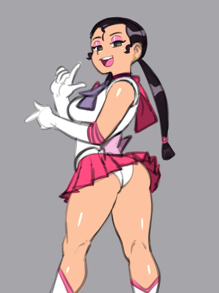 1girls, ass, bishoujo senshi sailor moon, black hair, breasts, clothed, clothed female, cosplay, earrings, eyeshadow, female, female focus, female only, gloves, gray background, human, light skin, light-skinned female, looking at viewer, makeup, mascara, mitzi mitzenheim, norman normal, panties, pantyshot, pink eyeshadow, pleated skirt, pose, posing, posing for the viewer, sailor senshi uniform, samson 00, shiny skin, simple background, skirt, solo, solo female, solo focus, three-quarter portrait, twintails, very long hair, white gloves, white panties