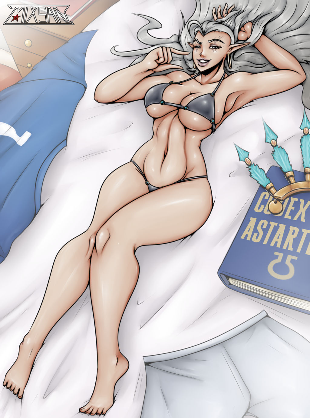 1girls adeptus_astartes areolae armpits barefoot bed bikini book earrings eldar elf_ears female flowing_hair grey_bikini hoop_earrings imperium_of_man inguinal_crease inguinal_ligament knees knees_together knees_together_feet_apart long_hair medium_breasts navel navel_line nipples pointy_ears romman08 silver_bikini silver_hair silver_lipstick solo solo_female space_marine ukraine ultramarines warhammer_(franchise) warhammer_40k wide_hips yvraine