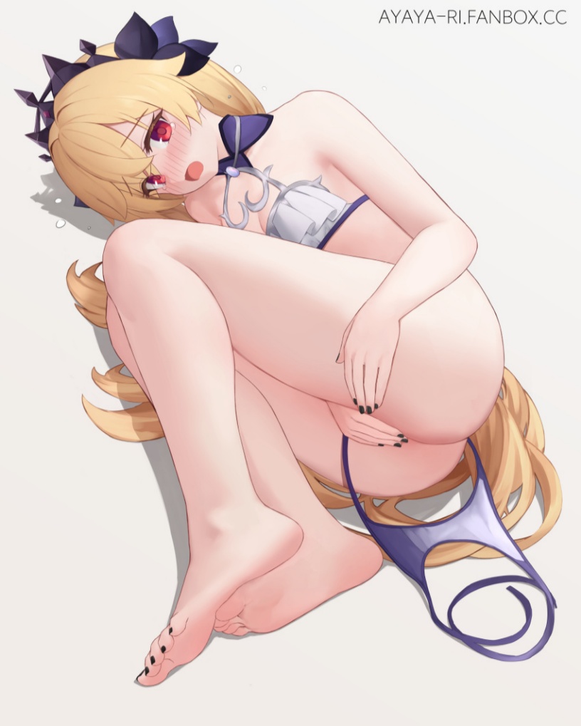 ass bangs bare_shoulders barefoot bikini bikini_top black_nails blonde_hair blue_nails blush bow breasts covering covering_crotch eyebrows_visible_through_hair feet female fingernails hairbow long_hair looking_at_viewer lying nail_polish nose_blush oerba_yun_fang on_side open_mouth purple_nails red_eyes small_breasts soles solo striped striped_background swimsuit toenail_polish toenails toes vertical_stripes very_long_hair