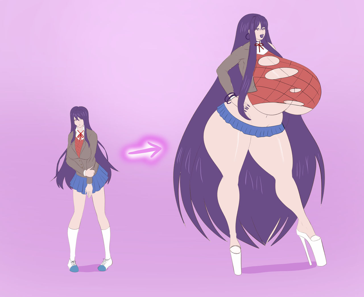 1girls, annon, bimbo, bimbofication, breast expansion, breast growth, breast growth (enlargement), breasts, bursting breasts, confident, doki doki literature club, earrings, eyeshadow, female, female only, gigantic breasts, hand on hip, high heels, hoop earrings, hourglass figure, huge breasts, lipstick, long fingernails, long legs, looking at viewer, makeup, microskirt, nail polish, purple background, purple eyes, purple eyeshadow, purple hair, purple lipstick, school uniform, solo, thick thighs, transformation, underboob, very long hair, wardrobe malfunction, wide hips, yuri (doki doki literature club)