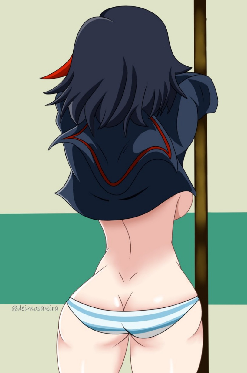 ass, ass crack, back, black hair, butt crack, dimples of venus, facing away, female, from behind, kill la kill, low rise, low-riding, matoi ryuuko, multicolored hair, no pants, panties, school uniform, serafuku, short hair, solo, striped, striped panties, underwear