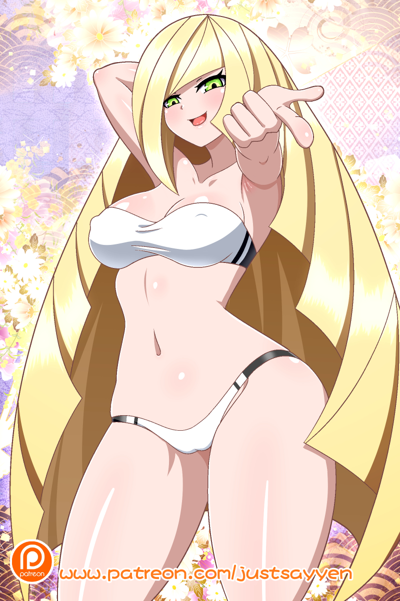 1girls big_breasts bikini blonde_hair breasts eye_contact female green_eyes human large_breasts long_hair looking_at_viewer lusamine_(pokemon) mature_female milf nintendo nipple_bulge pokemon pokemon_sm solo standing thick_thighs thighs yensh