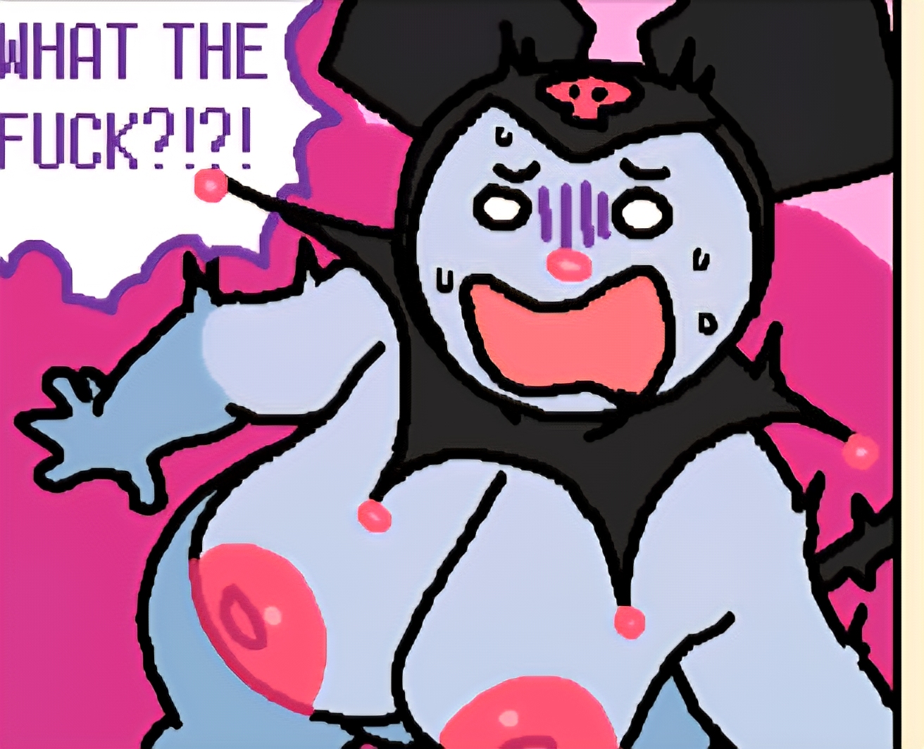 big breasts, breasts, cassettedream, cropped, cropped image, dream-cassette, female, funny, hoshime, humor, kuromi, mortified, onegai my melody, out of context, petrified, reaction image, sanrio, shocked, surprised, sweat, what