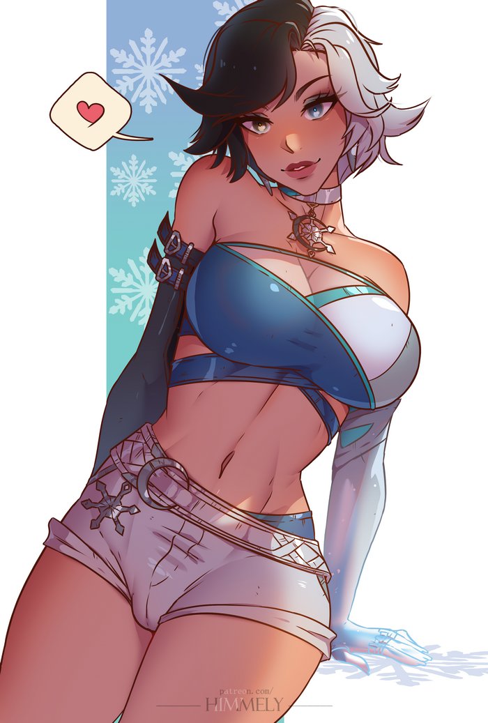 1girls, 2025, 2d, 2d (artwork), amber eyes, artist name, ass, big ass, big breasts, black hair, blue eyes, breasts, cleavage, clothed, female, female only, heterochromia, himmely, licking lips, looking at viewer, luna snow, luna snow (marvel rivals), marvel, marvel comics, marvel rivals, multicolored hair, no sex, shorts, smile, smiling at viewer, solo, solo female, superheroine, thick thighs, wavy hair, white hair