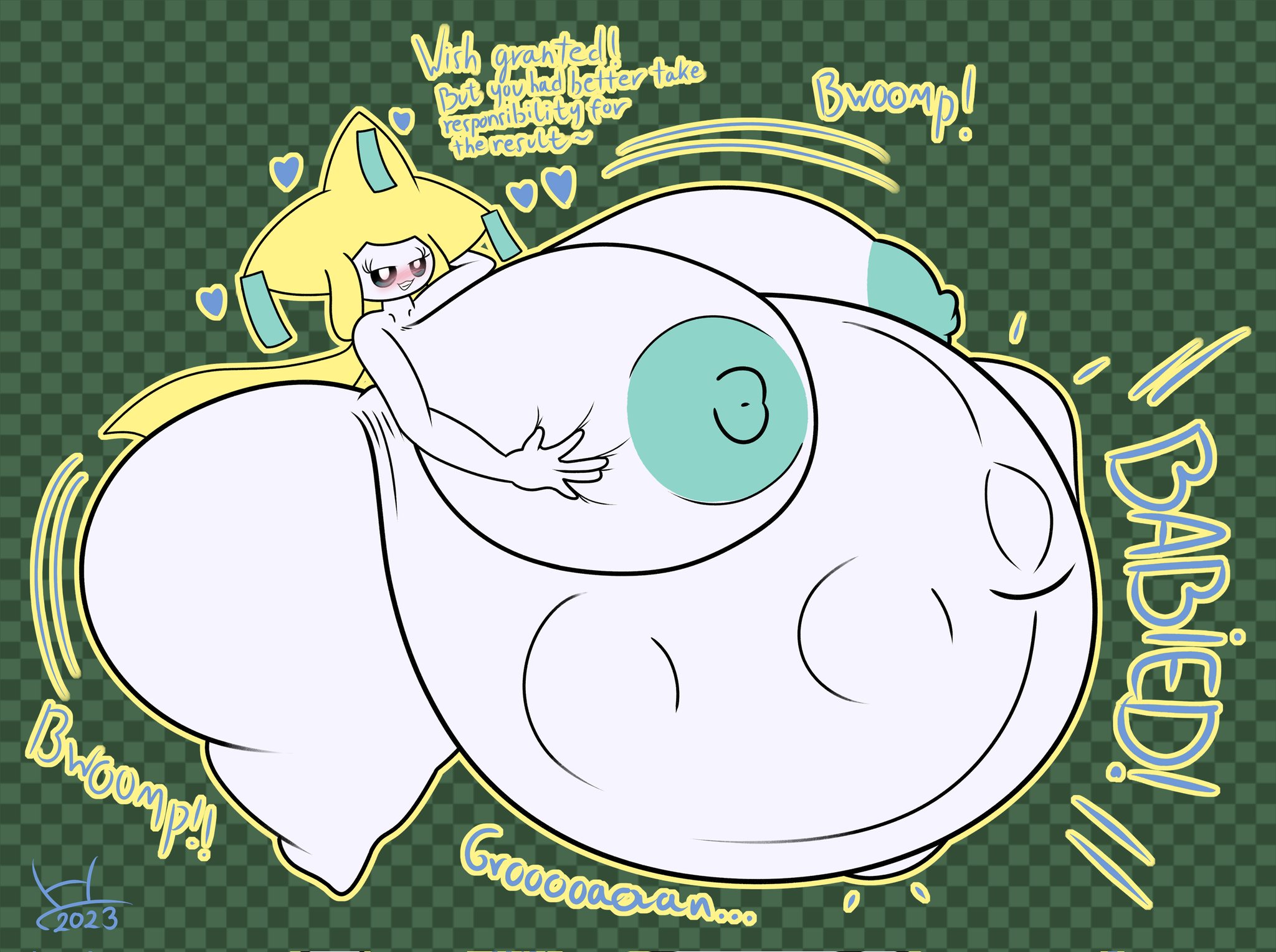 1girls, after transformation, aftermath, anthro, anthro female, anthrofied, ass, ass expansion, ass growth, bedroom eyes, belly expansion, blush, blushing at viewer, blushing female, breast expansion, breast growth, breast squeeze, breasts, breasts bigger than head, checkered background, dialogue, exaggerated anatomy, exaggerated proportions, female, female focus, fetal movement, giant breasts, hand behind back, hand behind head, hand on breast, hand on own breast, hand on own chest, hatty ya ku, hip growth, hips, huge ass, huge hips, huge nipples, hyper, hyper belly, hyper breasts, hyper hips, hyper pregnancy, hyper thighs, impregnation request, jirachi, legendary pokemon, looking at viewer, massive ass, massive belly, massive breasts, massive thighs, mythical pokemon, nintendo, nipples, no clothes, no clothing, non-human, pokemon, pokemon (species), pregnant, pregnant belly, pregnant female, rapid pregnancy, smile, smiling, smiling at viewer, solo female, speaking, speaking to viewer, teeth, teeth showing, teeth visible, thick ass, thick legs, thick thighs, thigh expansion, thighs, transformation, unrealistic proportions, wish, wish fulfillment