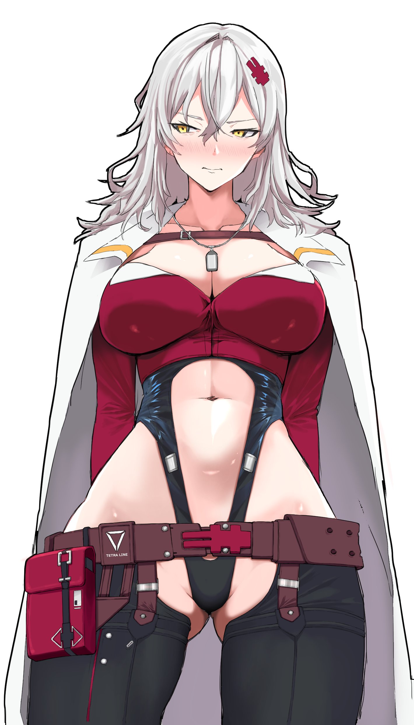 absurdres, ass visible through thighs, belt pouch, blush, breasts, chaps, chest strap, cleavage, clothing cutout, coat, coat on shoulders, cropped jacket, dog tags, female, goddess of victory: nikke, grey hair, hair between eyes, hair ornament, highres, large breasts, leotard, long hair, messy hair, navel, navel cutout, pouch, shiny skin, simple background, solo, standing, stomach cutout, white background, white coat, yellow eyes, yulha (nikke), zenisu