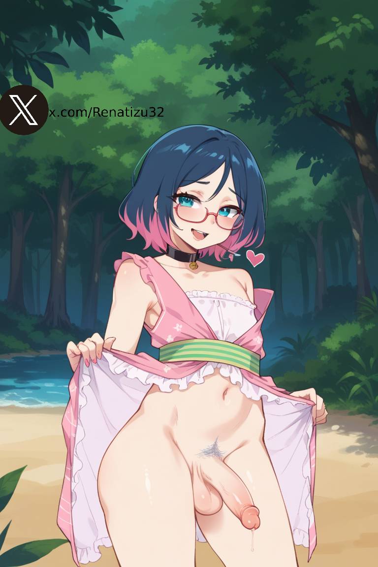 ai generated, black hair, blue eyes, collar, colored hair, elf lord, femboy, forest, gay, glasses, jay (elf lord), male, penis, red hair, smile, solo